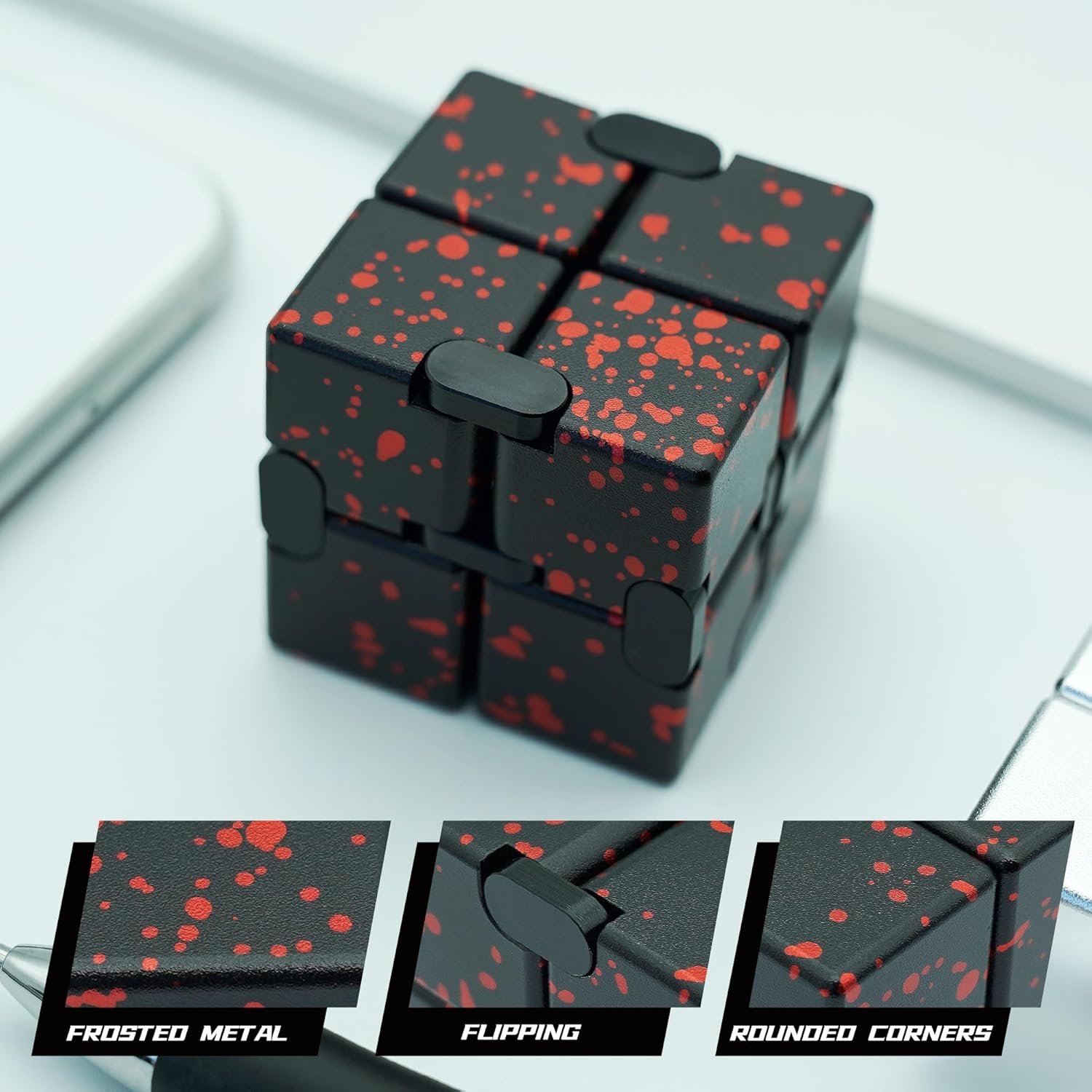 Infinity Cube Fidget Toy, Metal Anxiety Relief Toys Fidget Cube for Adults, ADHD Desk Toys for Kids Boys Girls for Stocking Stuffers, Easter Basket Stuffers (Black Red)