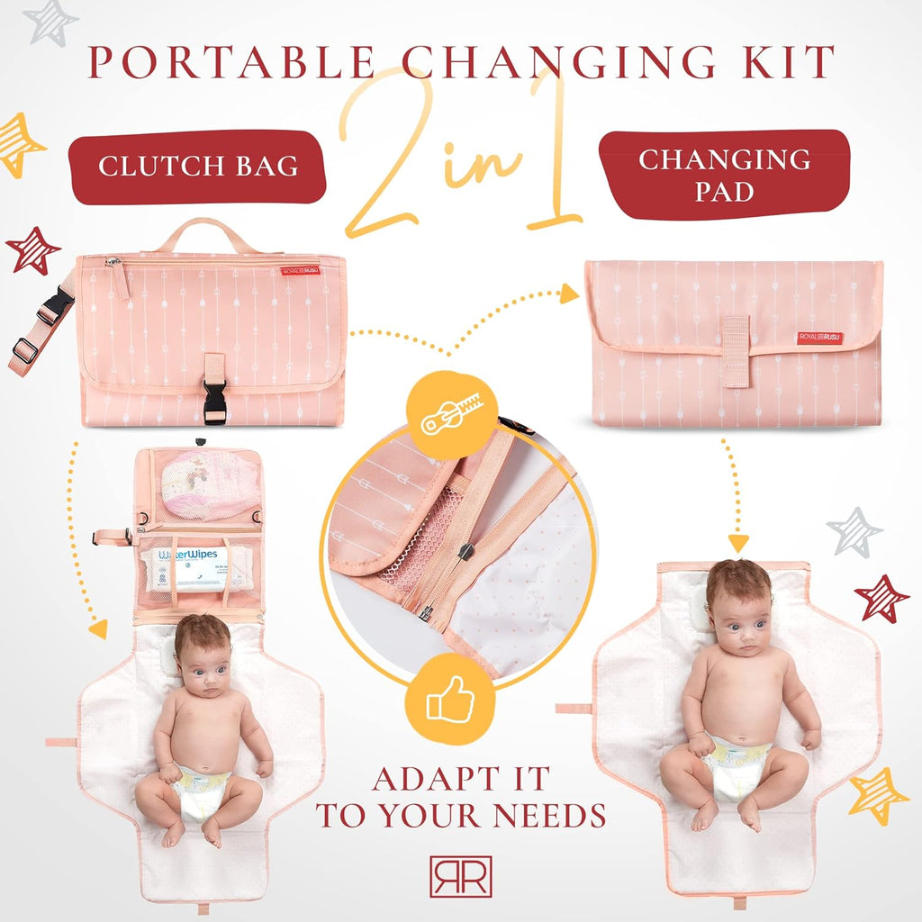 Premium Portable Diaper Changing Pad – CPC Certified Waterproof 2-in-1 Diaper Clutch & Changing Mat with Head Cushion – Bonus Insulated Bottle Bag – Travel Kit Gift for Baby Girls & Boys (Peach)
