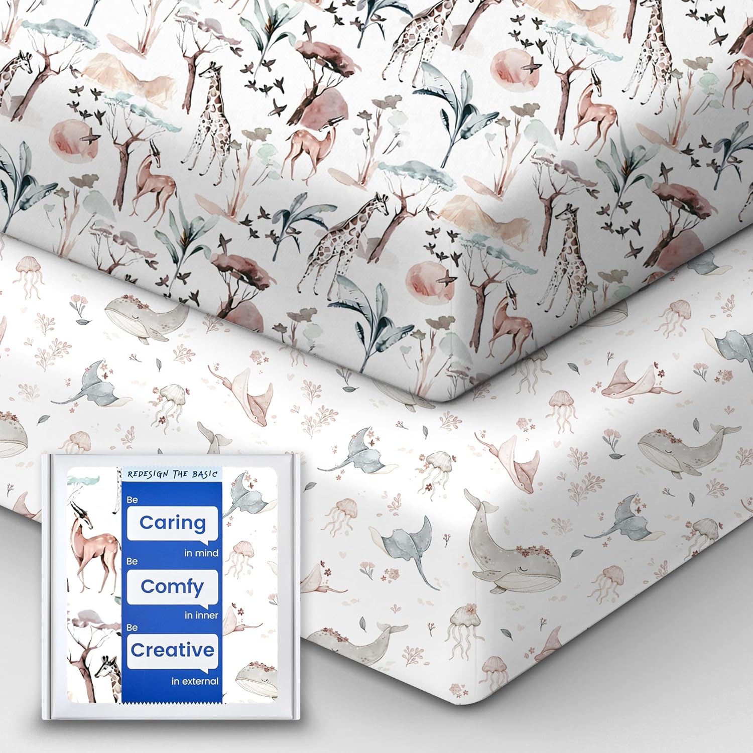 Pack and Play Sheets Fitted, Ultra Soft Mini Crib Sheets Girl, Pink Pack N Play Mattress Sheets Hypoallergenic and Soothing, Premium Jersey Playard Sheets, Safari Sea Animals, 2 Pack