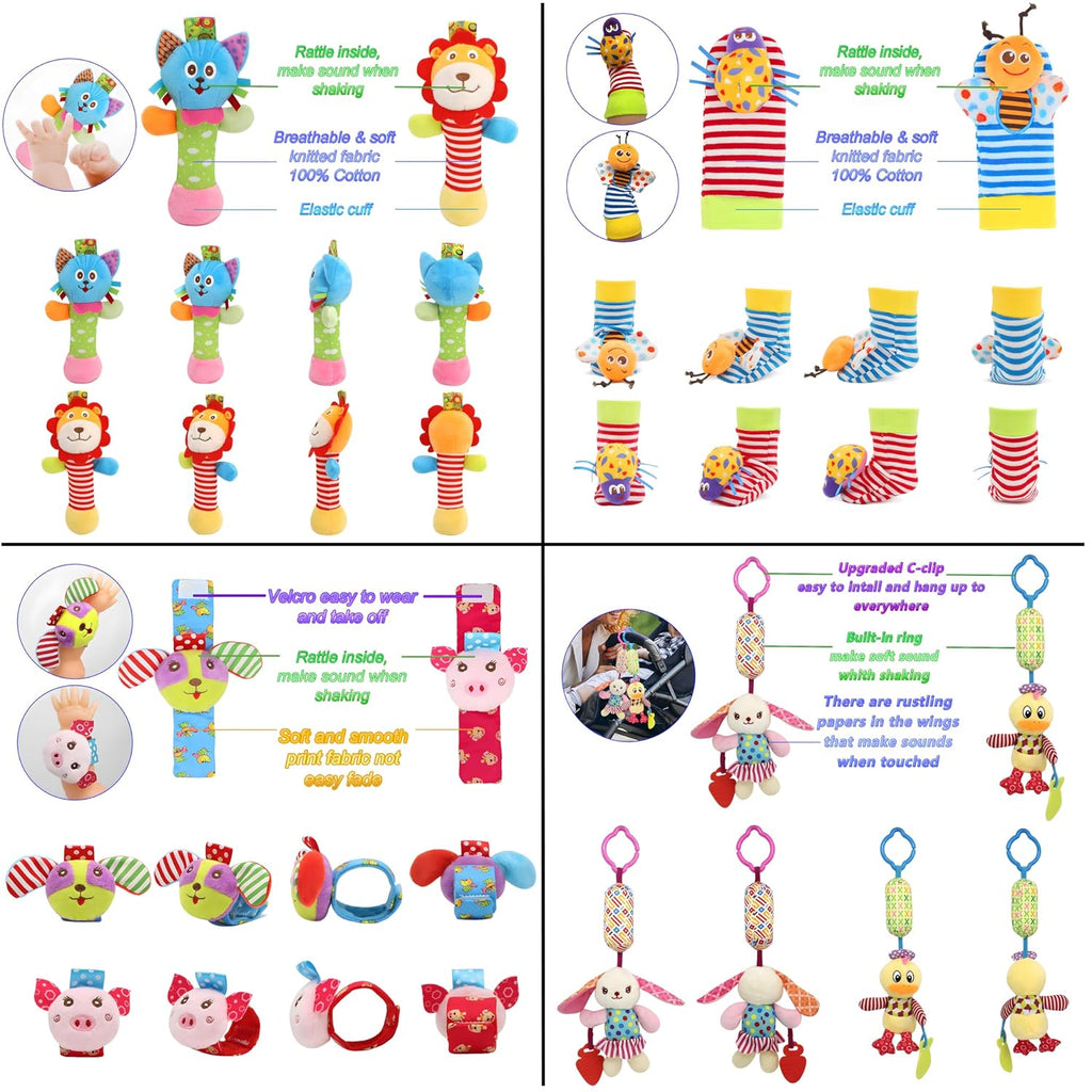 Baby Rattles & Socks - Wrist & Ankle Rattle Toys, Hanging Rattle, Activity Gift for Infants (12 B)