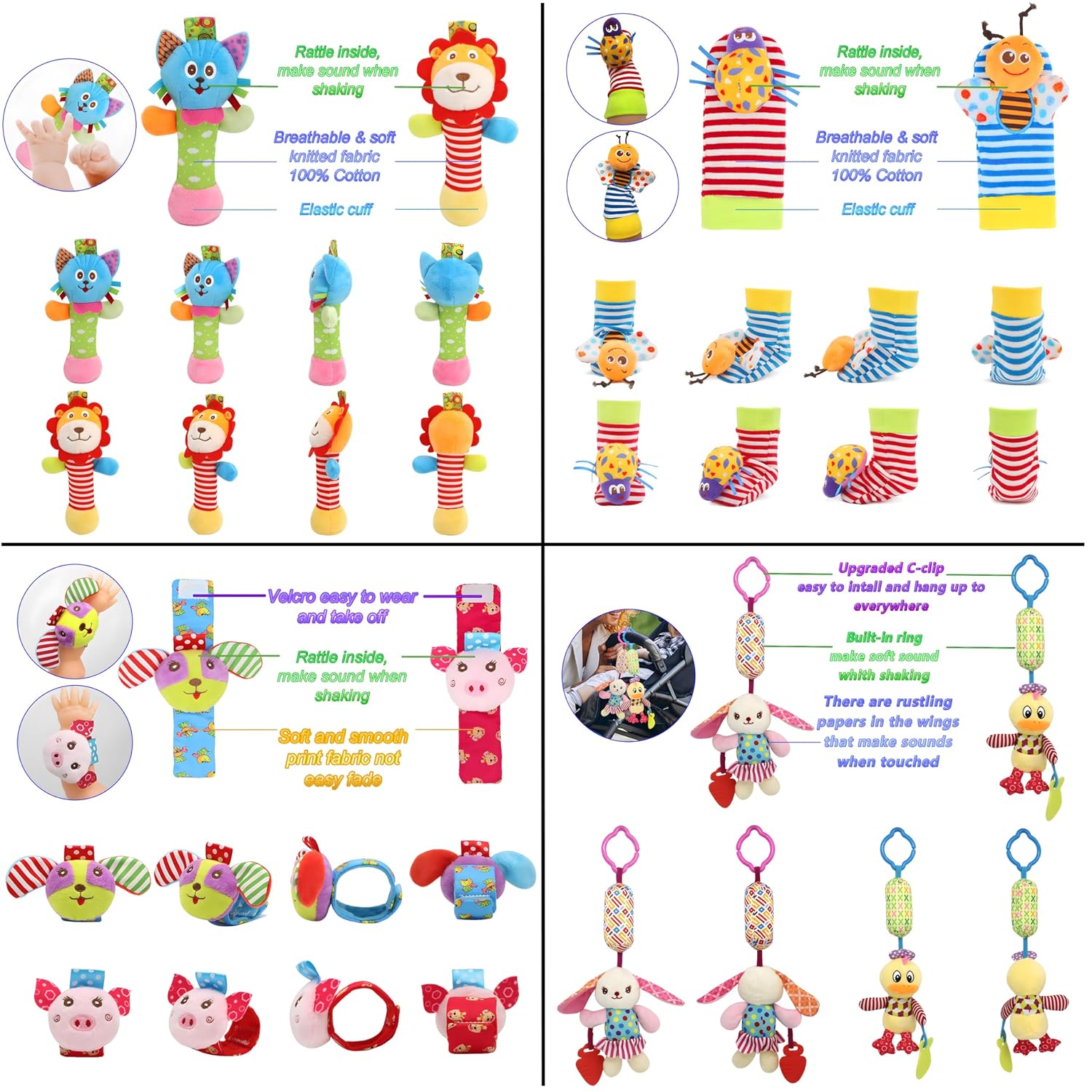 Baby Rattles & Socks - Wrist & Ankle Rattle Toys, Hanging Rattle, Activity Gift for Infants (12 B)