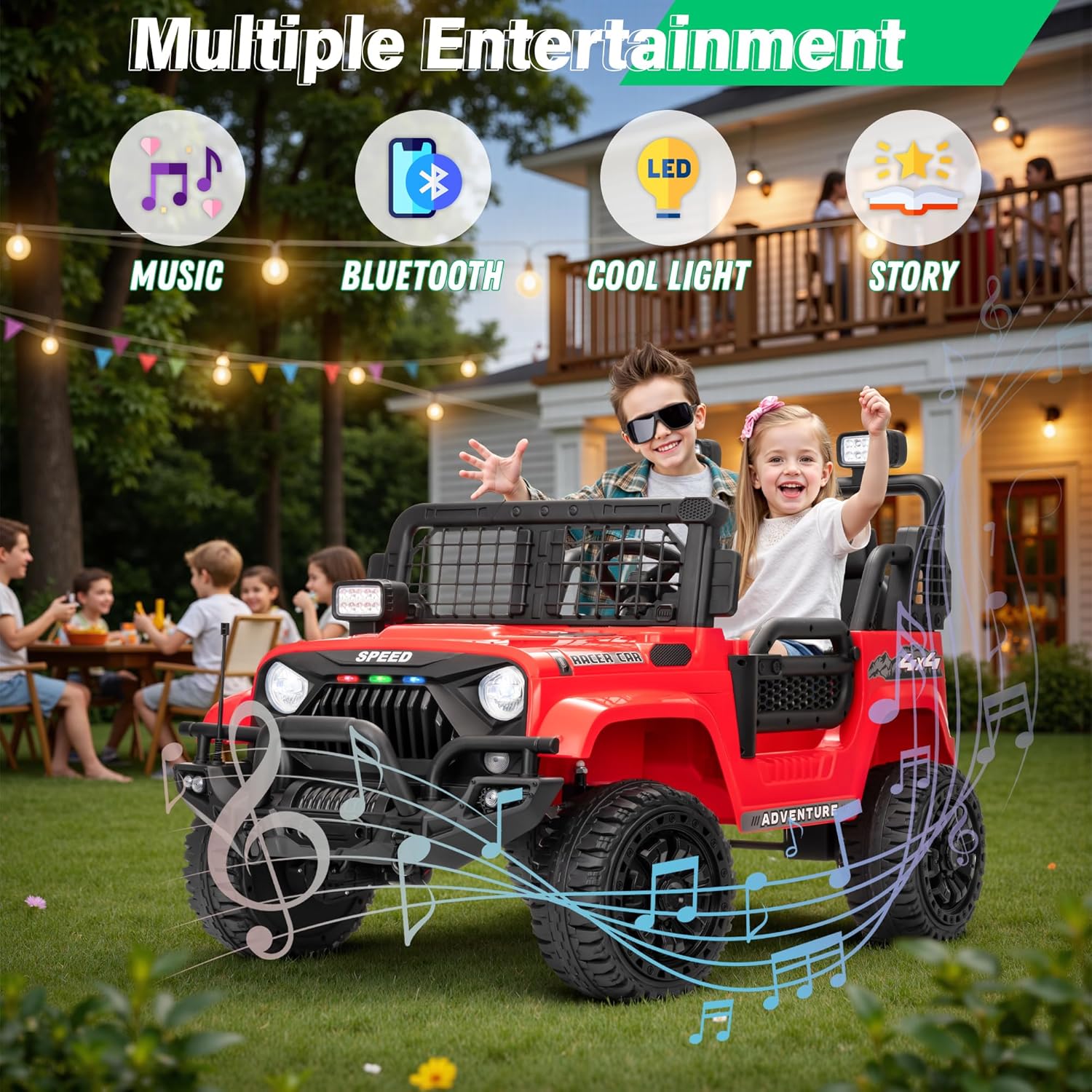 2 Seater Ride On Car Truck with Remote Control XL, Kids 24V Battery Powered Electric Vihicle w/21 in Seat, 3 Speeds, 2WD/4WD Switichable, Shock Absorbers,Bluetooth, Flower, Gift Choice