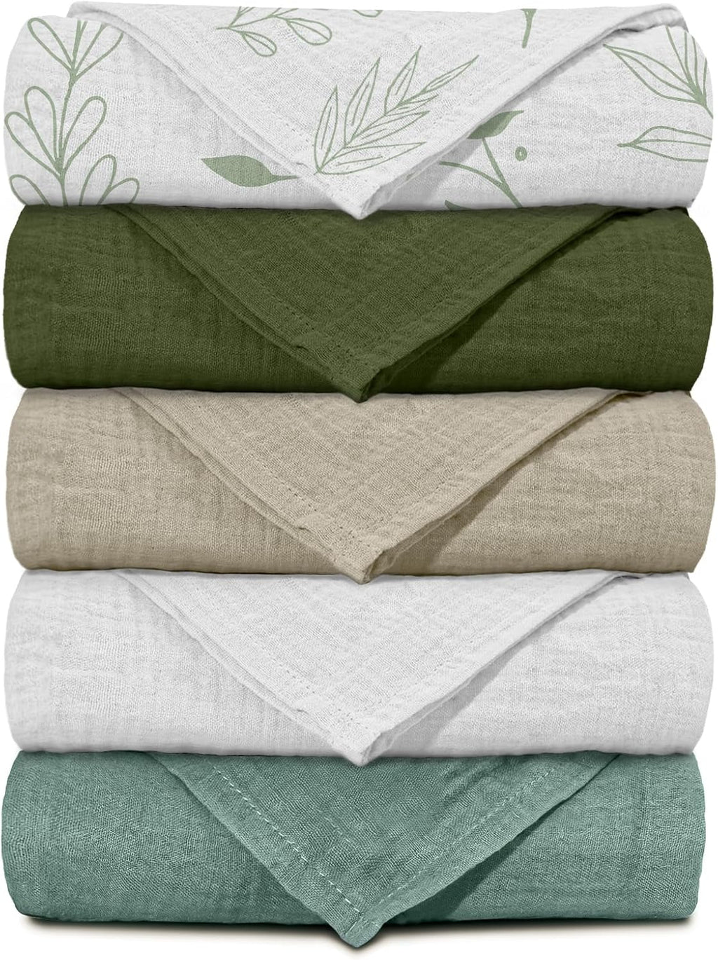 Muslin Receiving Blankets, Neutral Blanket Swaddling for Newborn Boys and Girls, 5 Pack Breathable and Skin-Friendly Swaddle Wrap for Infant Baby (Bright Leaves)