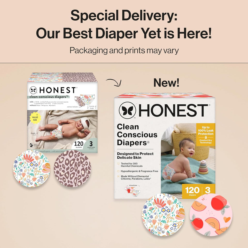 The Honest Company Clean Conscious Diapers for Delicate Skin | Up to 100% Leakproof | Hypoallergenic, Fragrance Free | Girl Prints | Super Club Box, Size 3 (16-28 lbs), 120 Count (Prints May Vary)