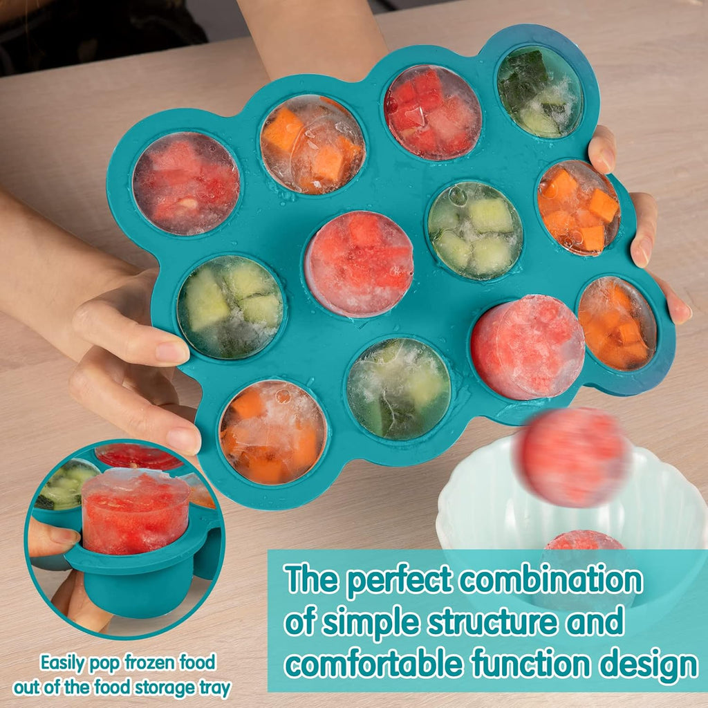 Baby Food Freezer Tray with Clip on Lid, 12 x 1.5 Ounce Baby Food Storage Container, Silicone Freezer Molds for Homemade Baby Food, Fruit Purees & Vegetables (Teal Blue)