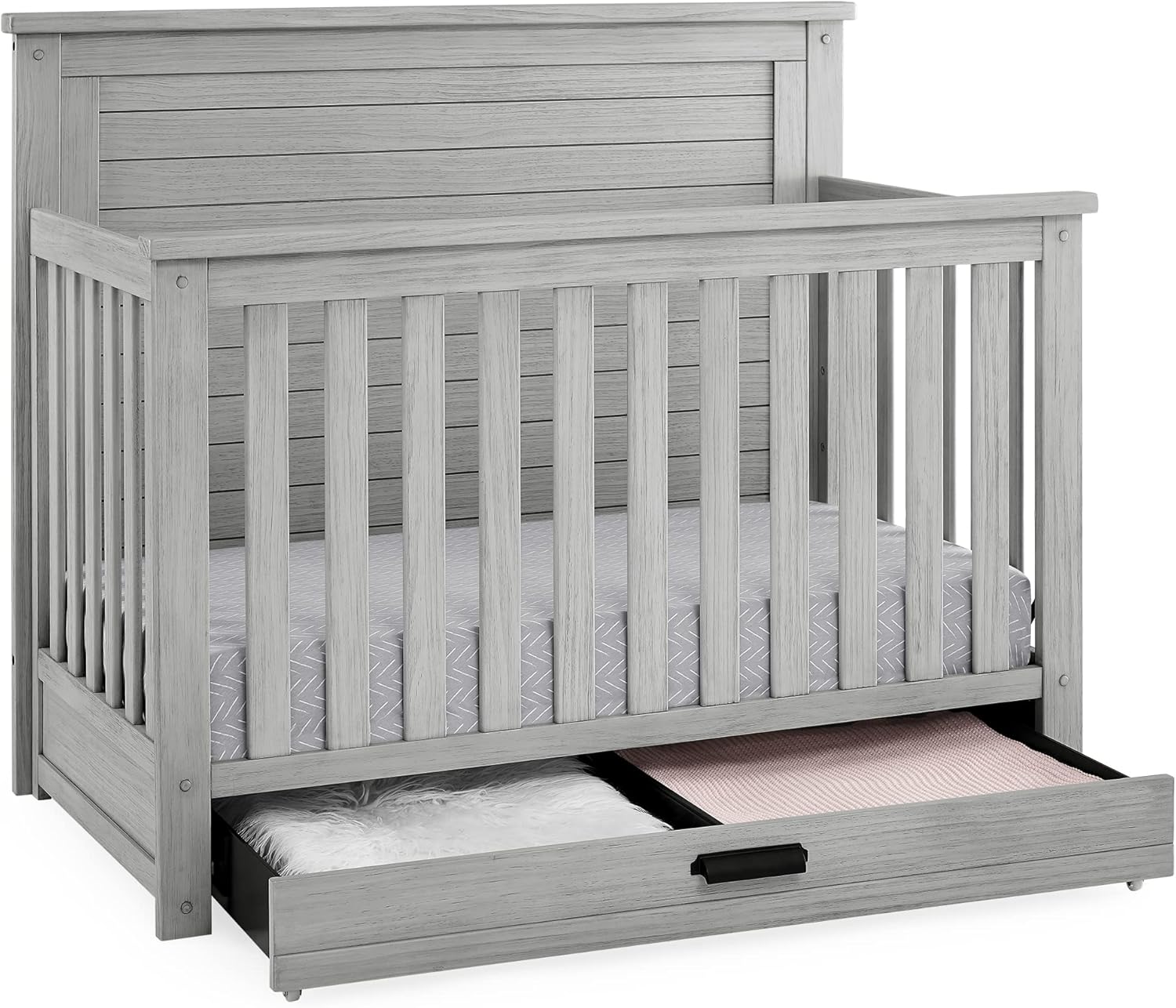 Delta Children Simmons Kids Caden 6-in-1 Convertible Crib with Trundle Drawer, Greenguard Gold Certified, Rustic Mist