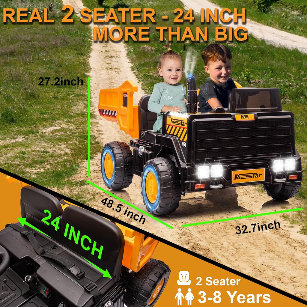 24V Ride On Dump Truck, 24inch-2 Seater Ride On Car for Kids w/Remote Control 4WD/2WD Up to 5 Mph, 24v Ride on Toys for Big Kids w/Electric Dump Bed Extra Shovel Traffic Cones (Yellow)