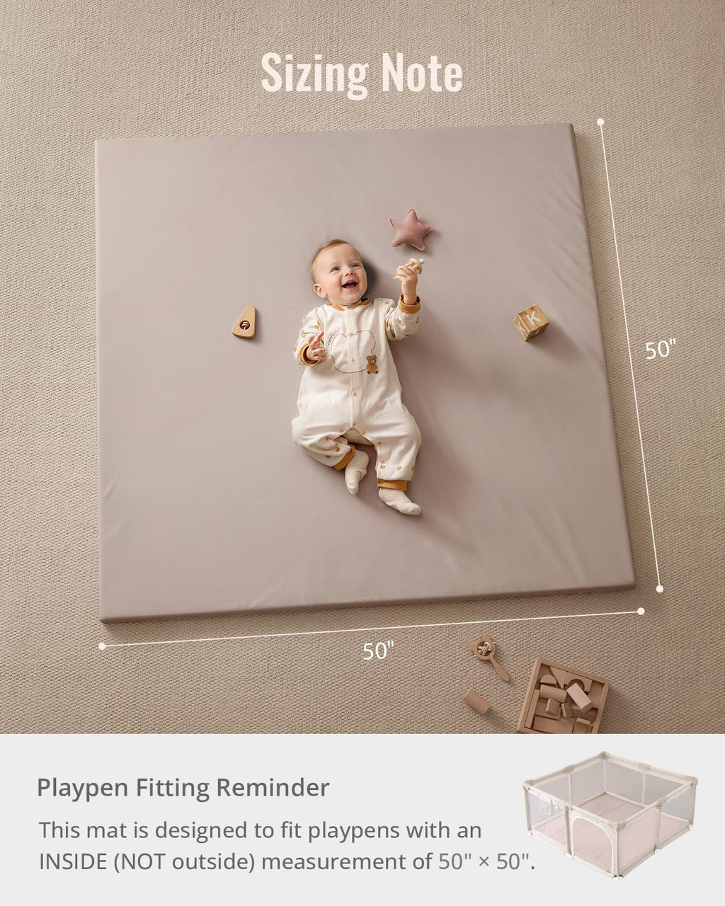 Blissful Diary Vegan Leather Baby Play Mat, 50x50 Thicken Foam Cushioned & Waterproof Playpen Mat for Infants and Toddlers, Stylish and Just Wipe-Clean Playmat for Baby Play on Floor, Brown Gray