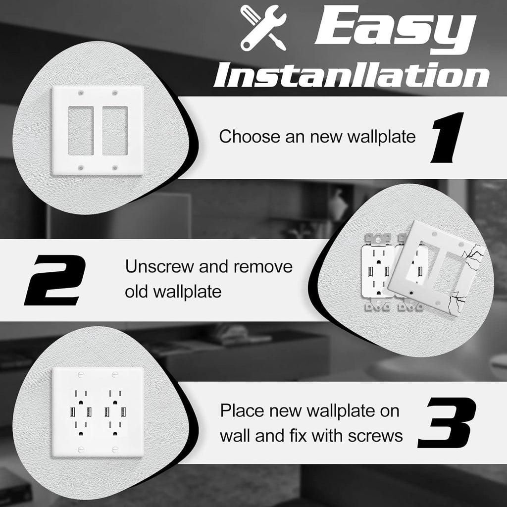 Decorator Wall Plate Double Gang Light Switch Plate Outlet Cover,Unbreakable Polycarbonate Thermoplastic, White (10-Pack, Double Decorator-White)