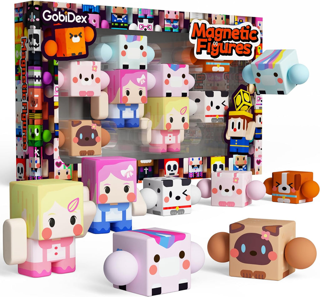 GobiDex 8PCS Magnetic Figures Playset Rotatable Animal & Character Toys for Kids, Toddlers Sensory Pretend Play Travel Toys Compatible with Magnet Blocks