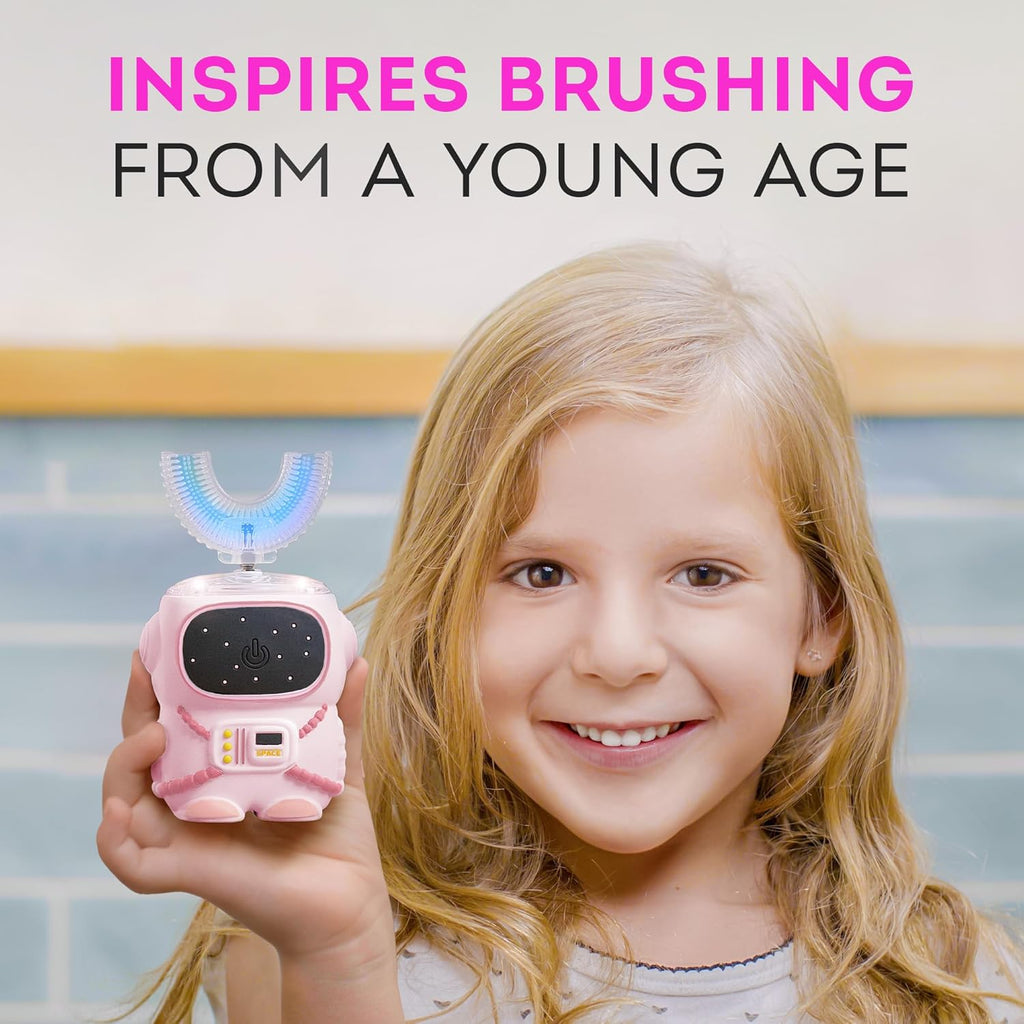 Sensory 360 Round U-Shaped Astronaut Design Mouthguard Electric Toothbrush for Kids Ages 2-7 - Automatic Memory Function - 5 Modes Toothbrush with Multiple Heads – Kids Travel Essentials (Pink)