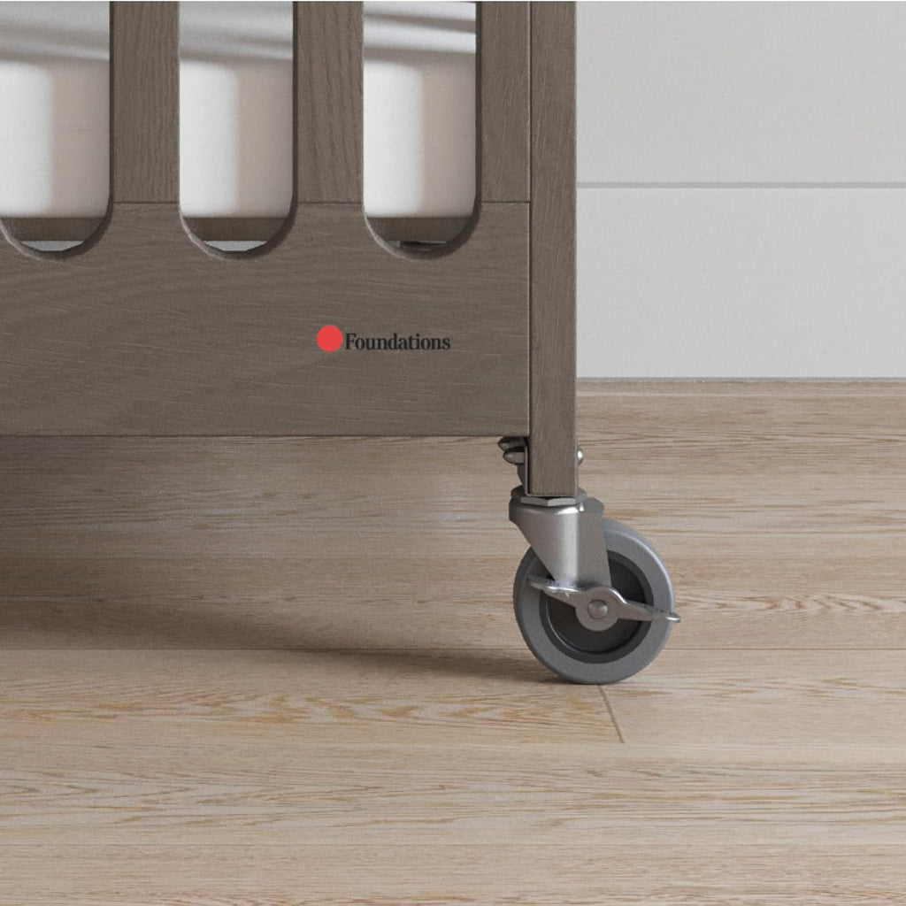 Foundations Boutique Compact Folding Crib 3 Pack for Hotels, Wood Crib, Commercial Casters, Includes 3" Foam Crib Mattress (Dapper Gray)