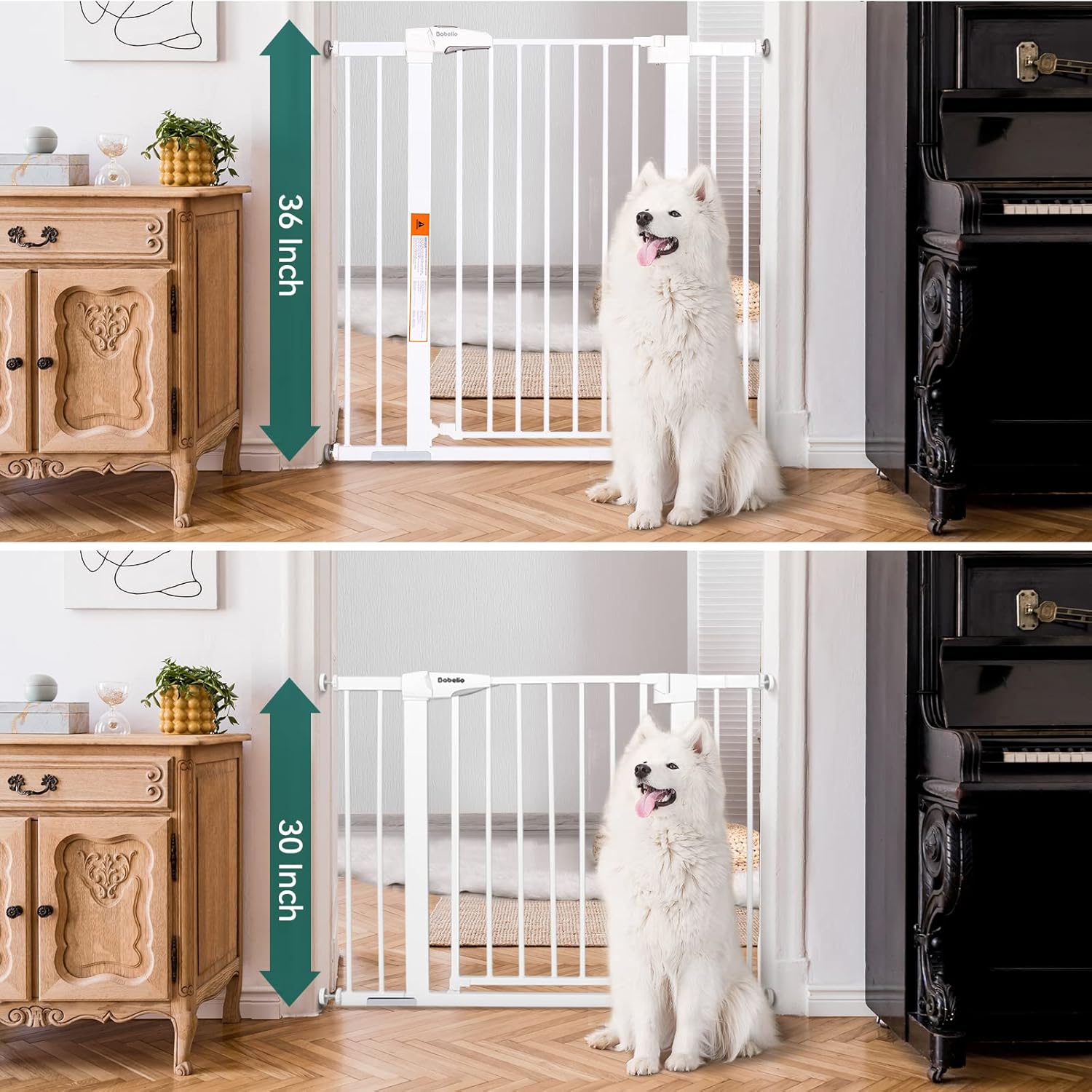 BABELIO 36" Extra Tall Dog Gate, 26-40" Wide Auto Close Baby Gate, Pressure Mounted Metal Pet, Easy Install No Drilling, No Tools Required, With Wall Protectors and Extension Kits, White