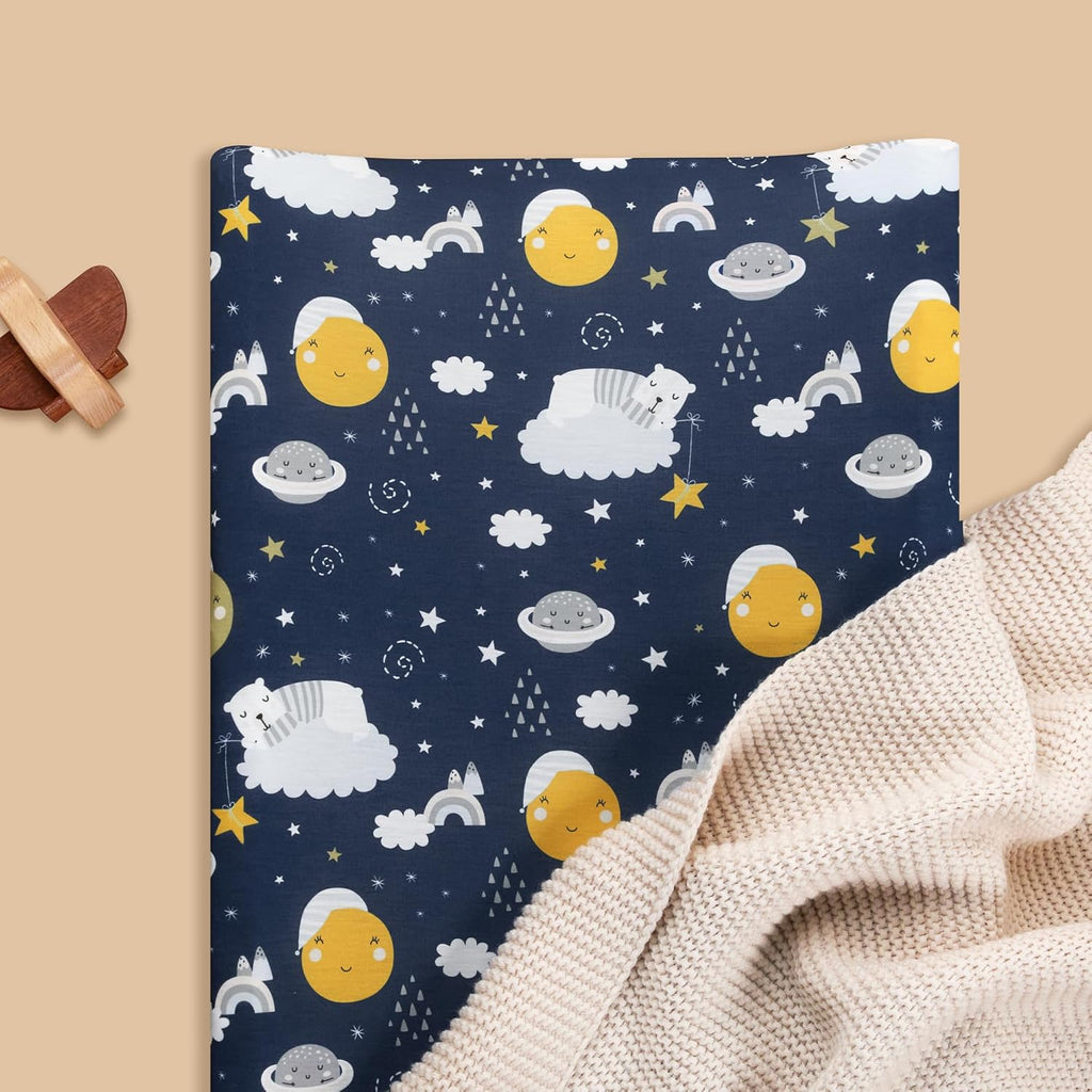 TILLYOU Changing Pad Cover Set in Soft Jersey Material - Fits 32"/34''x16 Contoured Pad for Babies, Starry Adventure and Dark Blue