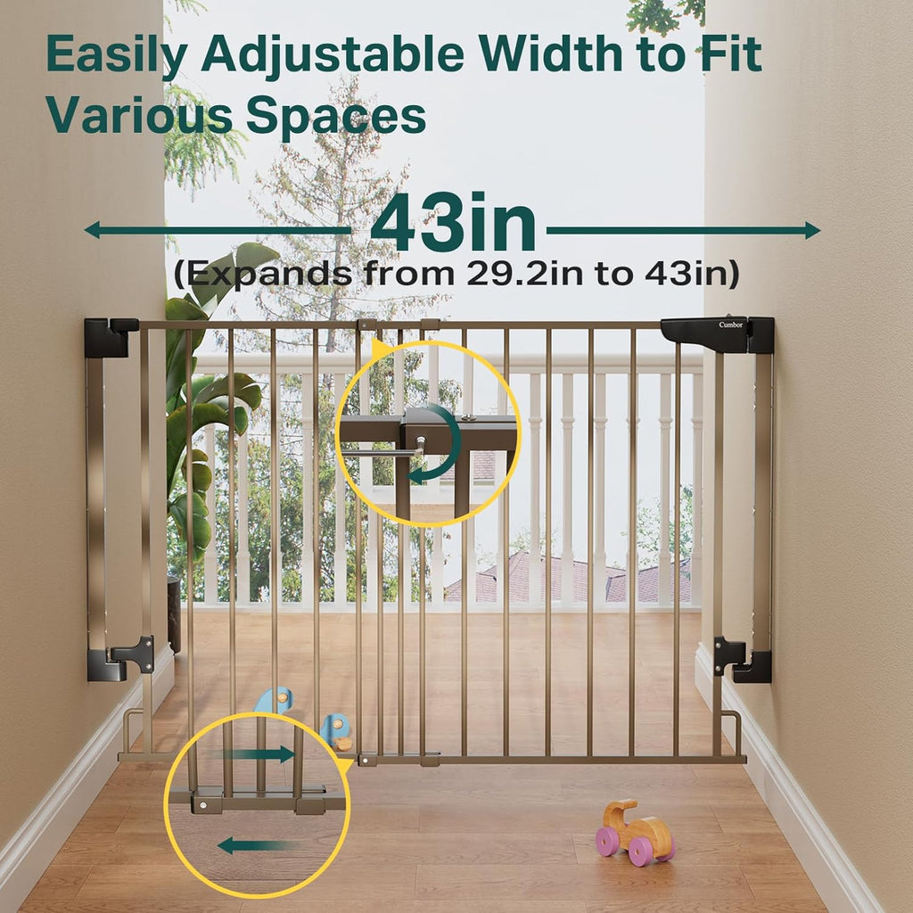 Cumbor 29.2-43" No Bottom Bar Baby Gate for Stairs, 2-in-1 Auto Close Dog Gate Indoor, Hardware Mounted Pet Gate for Doorways with Large Walk Thru Door, Child-Proof Safety Gate for Kids (Brown)