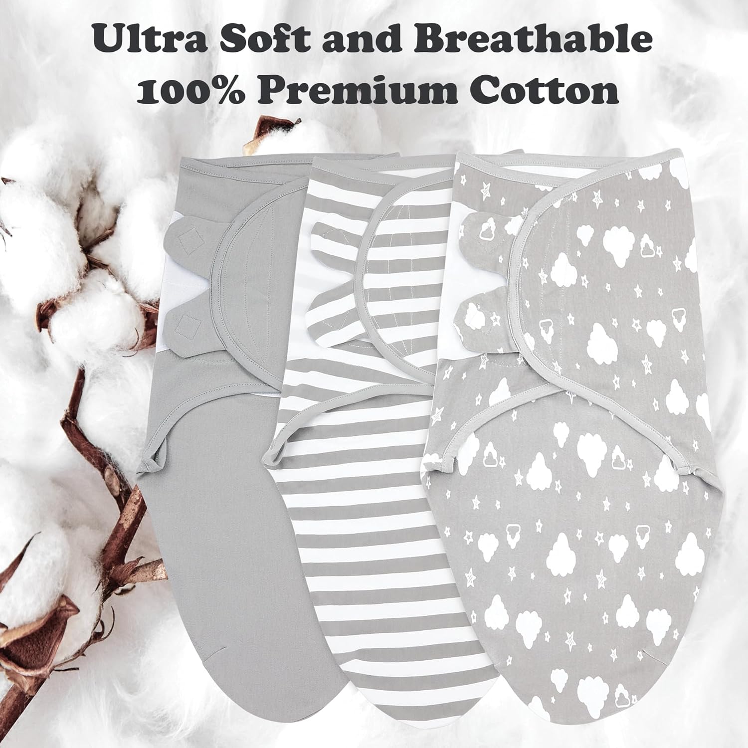 Bublo Baby Swaddles for Newborns – 3-Pack Infant Swaddles 3-6 Months – Adjustable Swaddle Sleep Sack – Soft Organic Cotton Baby Wrap for Safe & Cozy Sleep (White Grey)