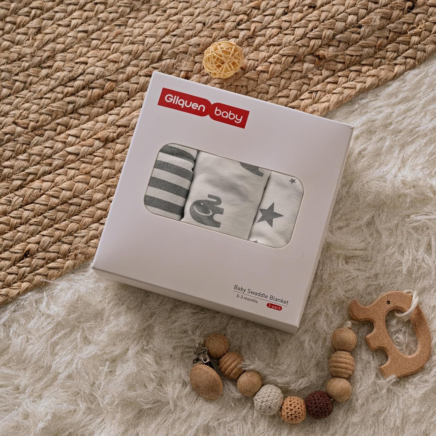 GLLQUEN BABY Newborn Swaddle Blankets for Baby Boy, 3 Pack Baby Swaddles 0-3 Months, Swaddling Sleep Sack, Infant Wrap Swaddle Sack, Elephant & Star & Stripe, Newborn Essentials