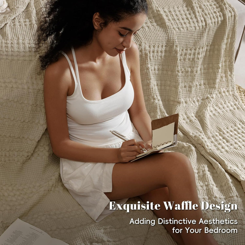 PHF 100% Cotton Waffle Weave Blanket Twin Size, Soft Lightweight Breathable Cozy Summer Blankets for Bed, Luxury Aesthetic Woven Bedding for Home Decor, 66"x90", Khaki