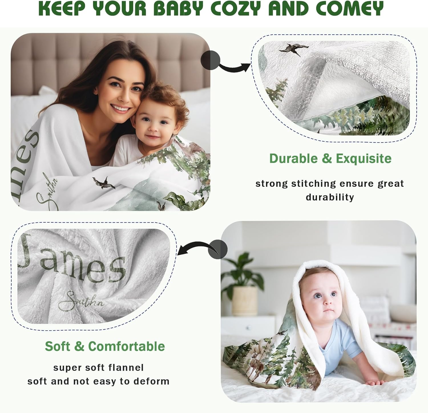 Personalized Woodland Baby Blanket with Name Custom Name Blanket for Boy Newborn Expect Mom Customized Gifts for Baby Shower Birthday Christmas