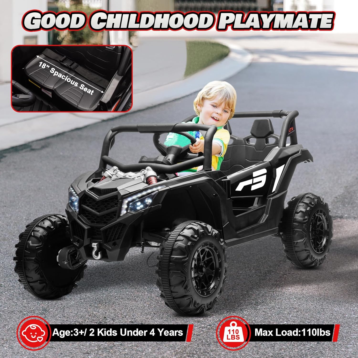 Electric Car for Kids, JOYRACER 24V Ride on Car Battery Powered Off-Road UTV w/Remote Control, 3 Speeds, 4x150W Powerful Motors, 18" Seat, Bluetooth, MP3, Electric Vehicles with Big Pull Bow