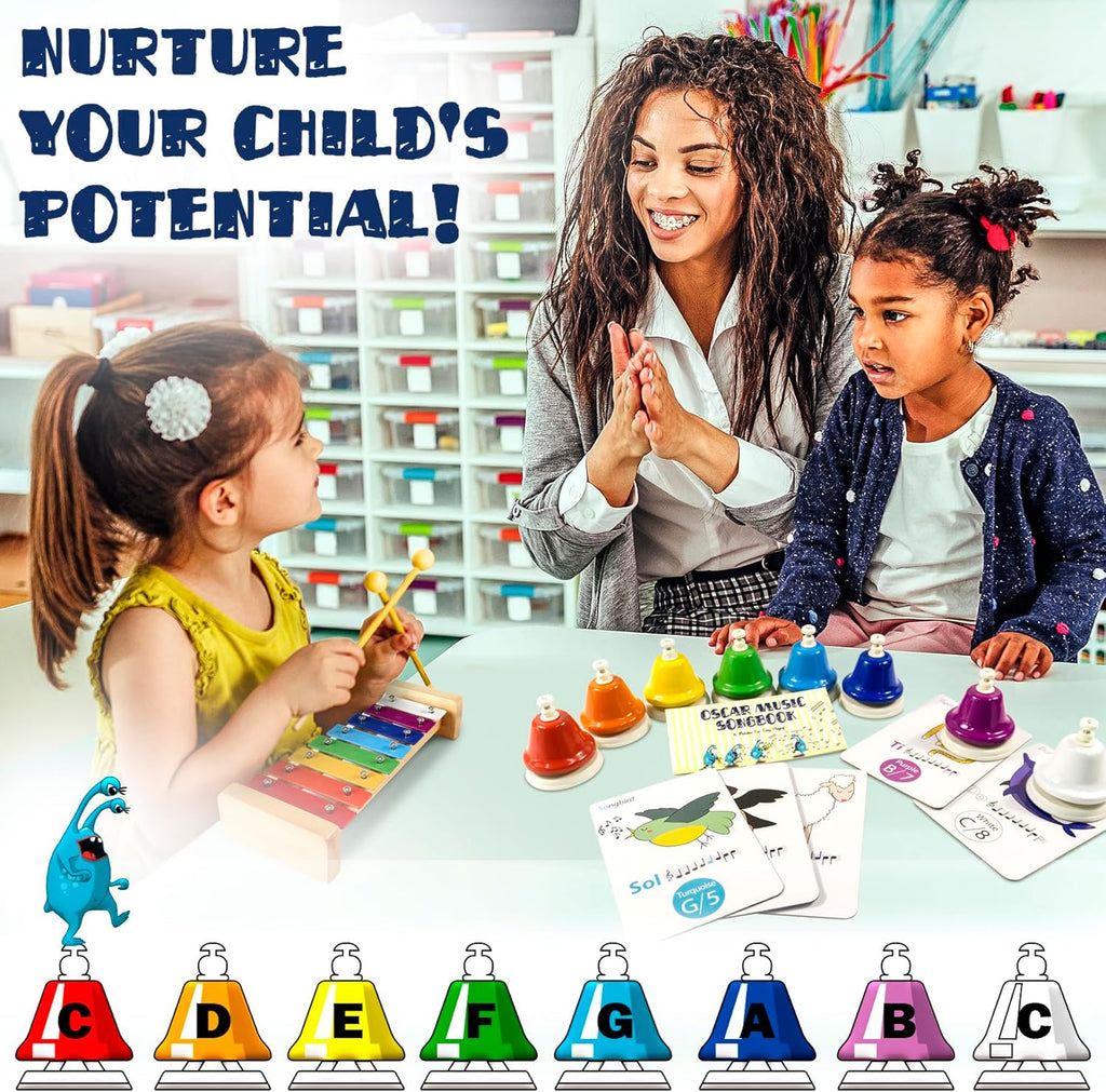 MINIARTIS Desk Bells for Kids | Educational Music Toys for Toddlers 8 Notes Colorful Hand Bells Set | Kids Musical Instrument with 15 Songbook | Great Birthday Gift for Children