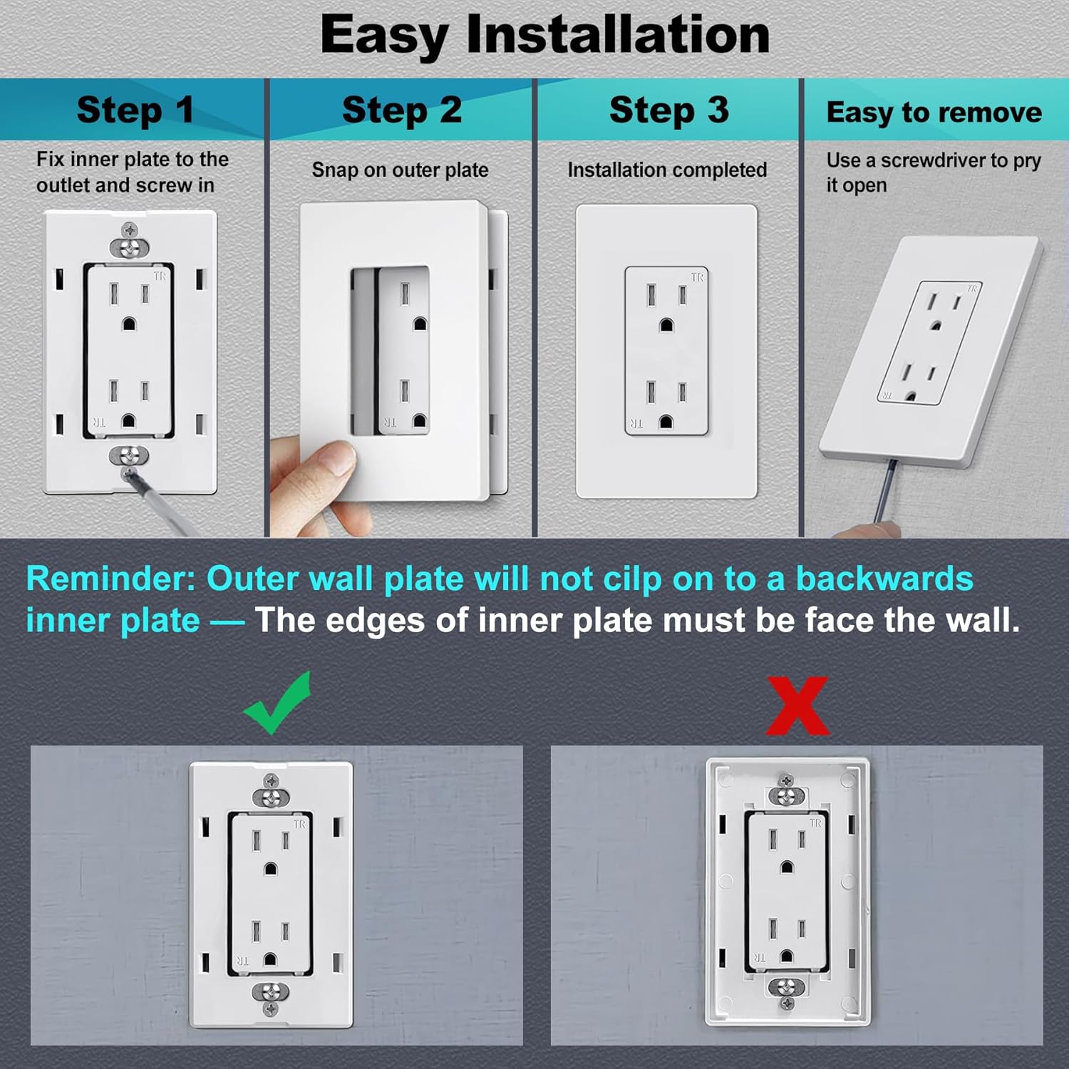 CML Decorator Screwless Wall Plate, 1-Gang Receptacle Outlet Cover, 8 Pack Hidden Screw Smooth Face Switch Plates, Standard Size 2.91"x4.68", UL Listed, White