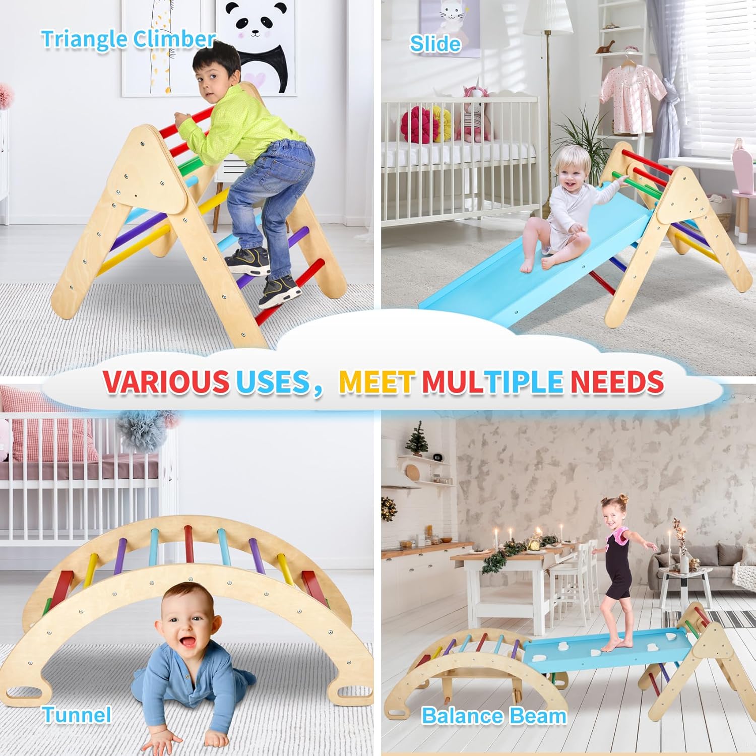 GOME Toddler 5IN1 Play Gym with Ramp & Detachable Arch, Indoor Climbing Triangle Set for Sliding or Rocking