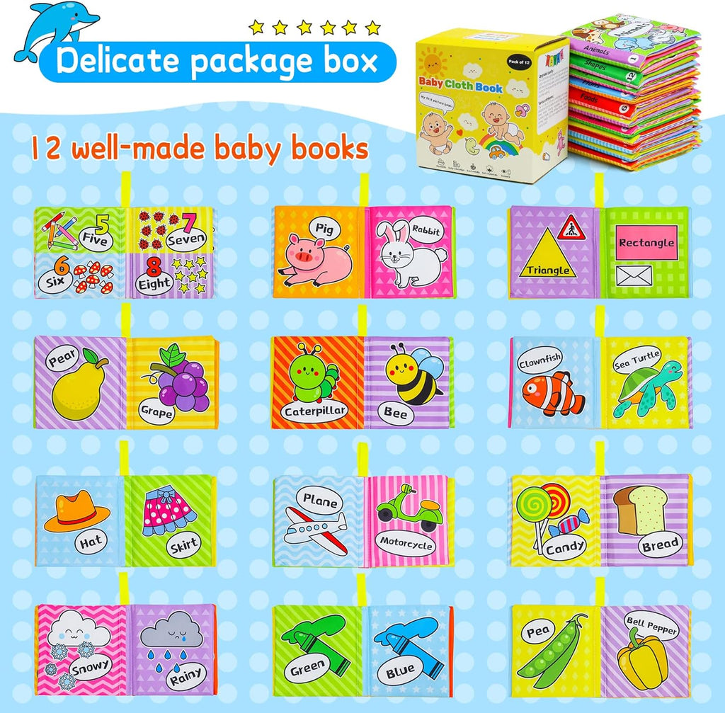 OKOOKO 12PCS Soft Baby Books, Soft Cloth Books, Bath Toys, Crinkle Washable Non-Toxic Early Education Preschool Learning Toy for Newborns Babies Infants Toddlers Kids