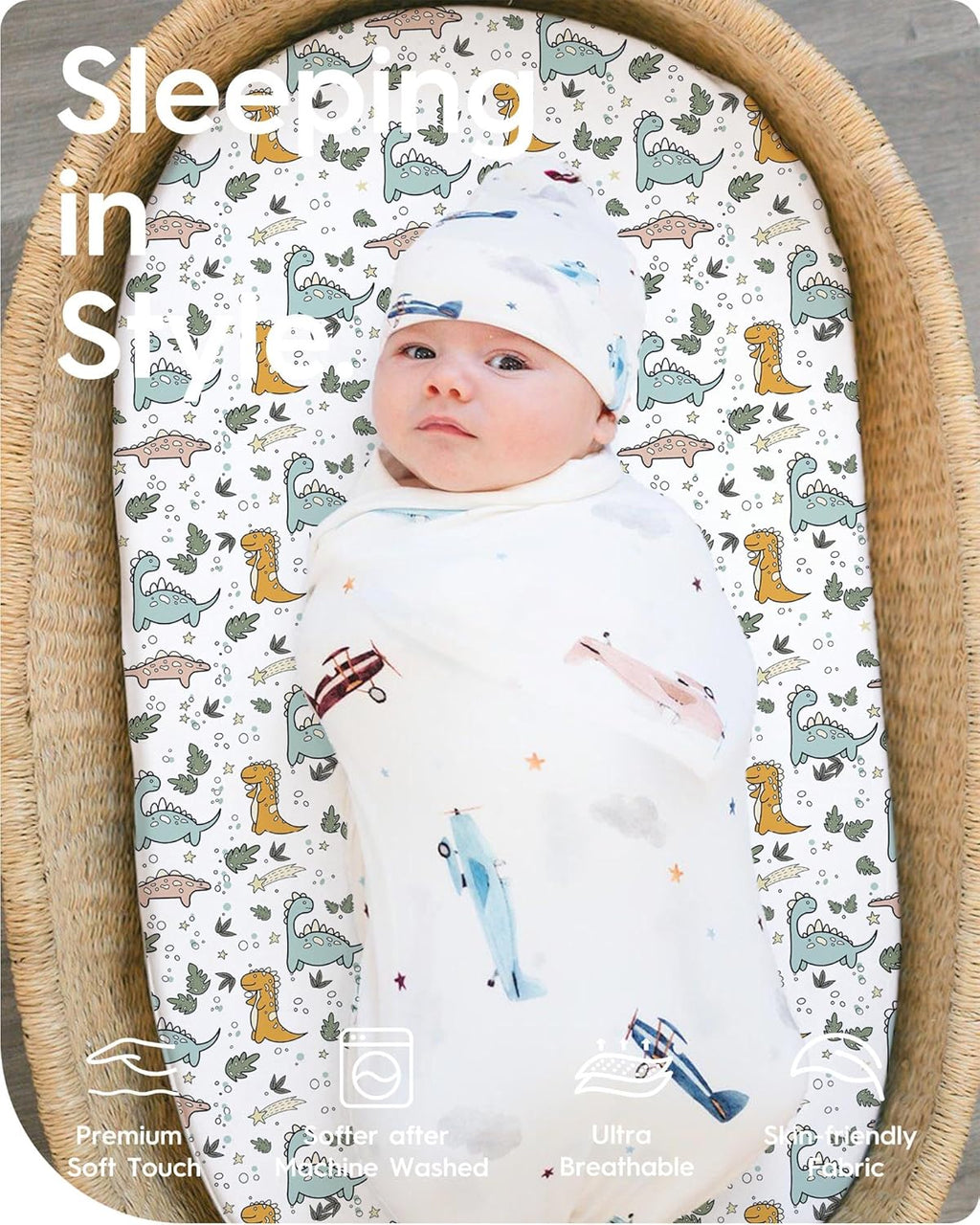 Bassinet Sheets for Baby Boy Girl, TotBasic Buttery Soft Universal Bassinet Fitted Sheet, Compatible with Halo, Mika Micky, Baby Delight, Dream On Me, Maxi COSI and More Bassinet Mattress(Dino&Puppy)