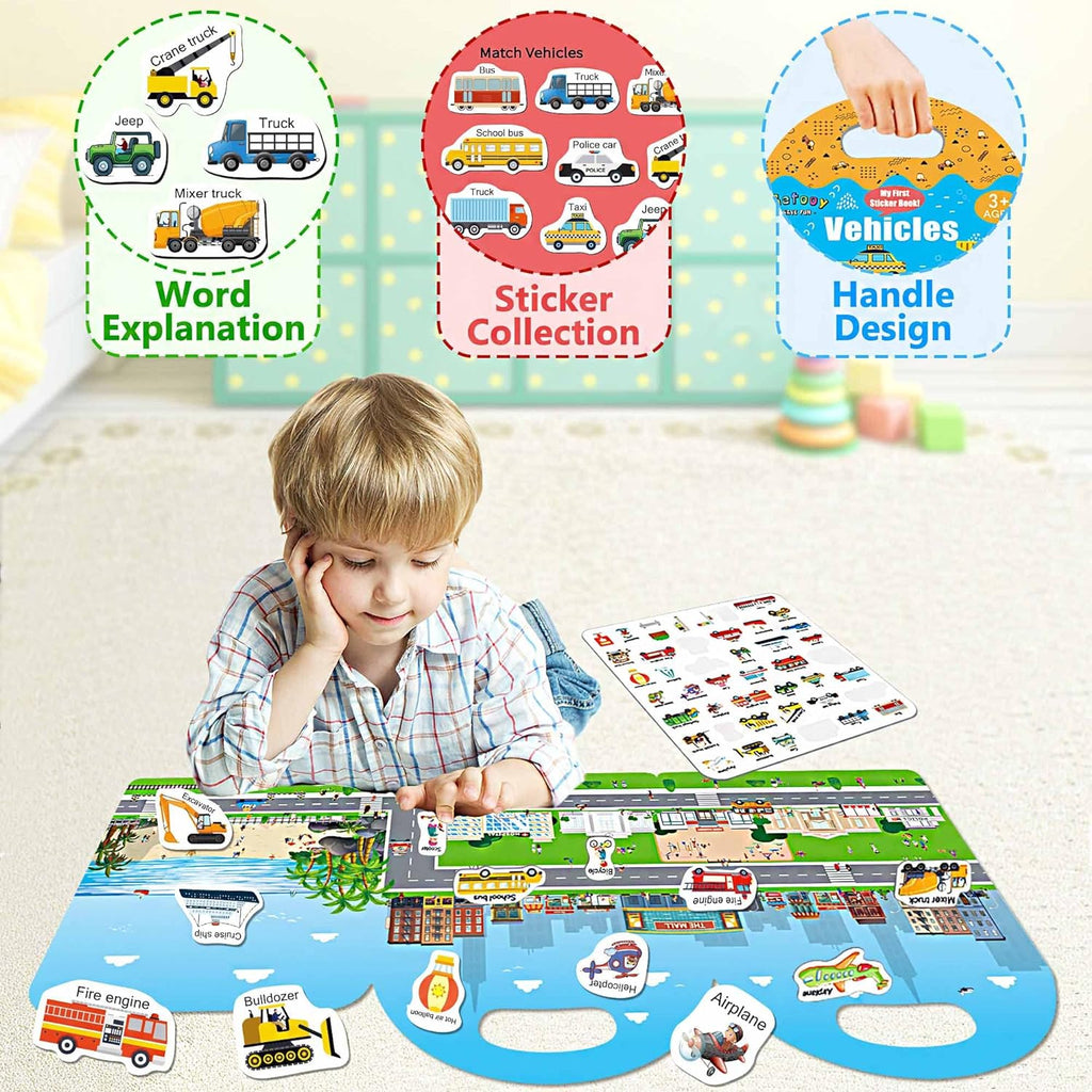 Reusable Sticker Books for Toddlers 1-3, Jelly Sticker Books for Kids 2-4, Vehicle Stickers for Kids