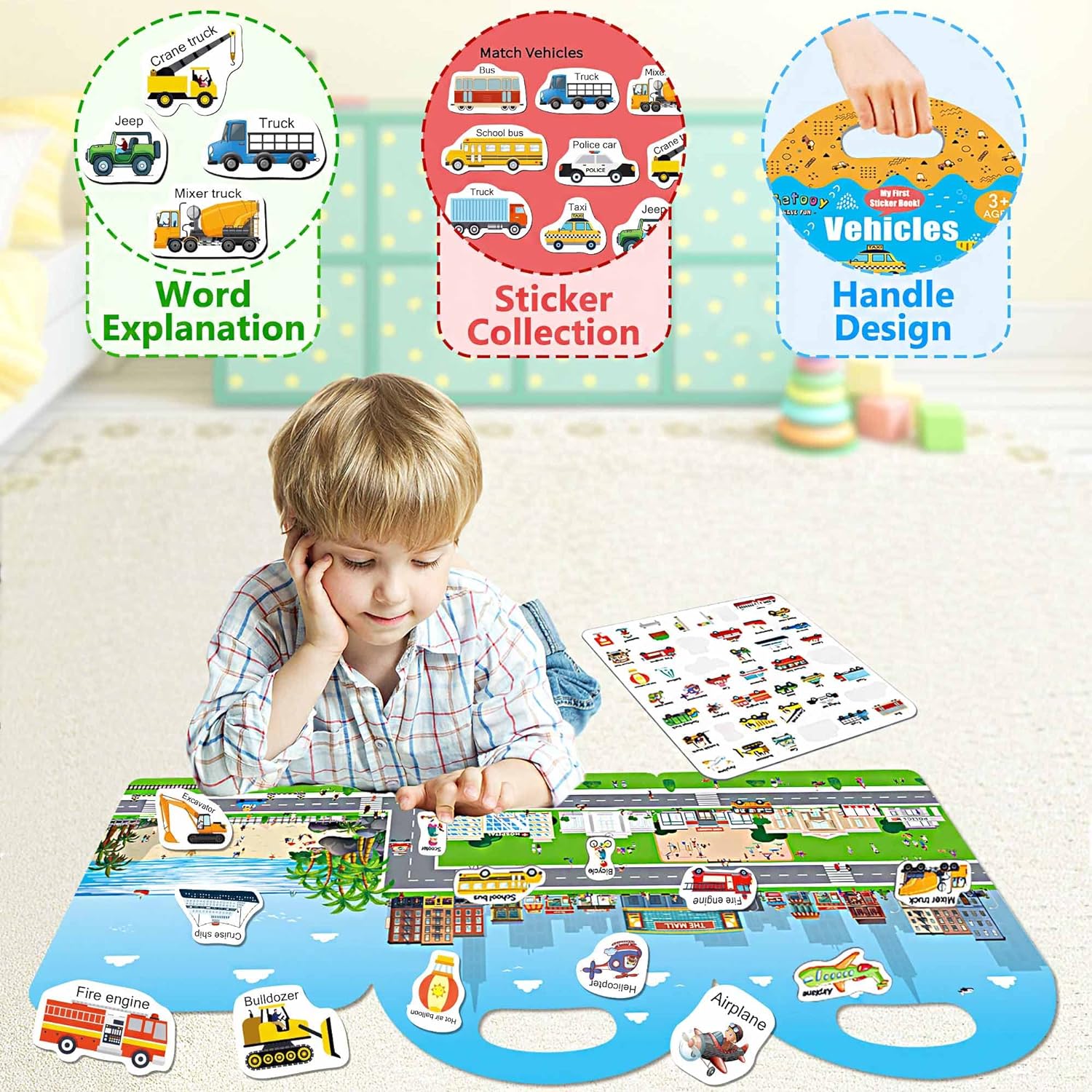 Reusable Sticker Books for Toddlers 1-3, Jelly Sticker Books for Kids 2-4, Vehicle Stickers for Kids