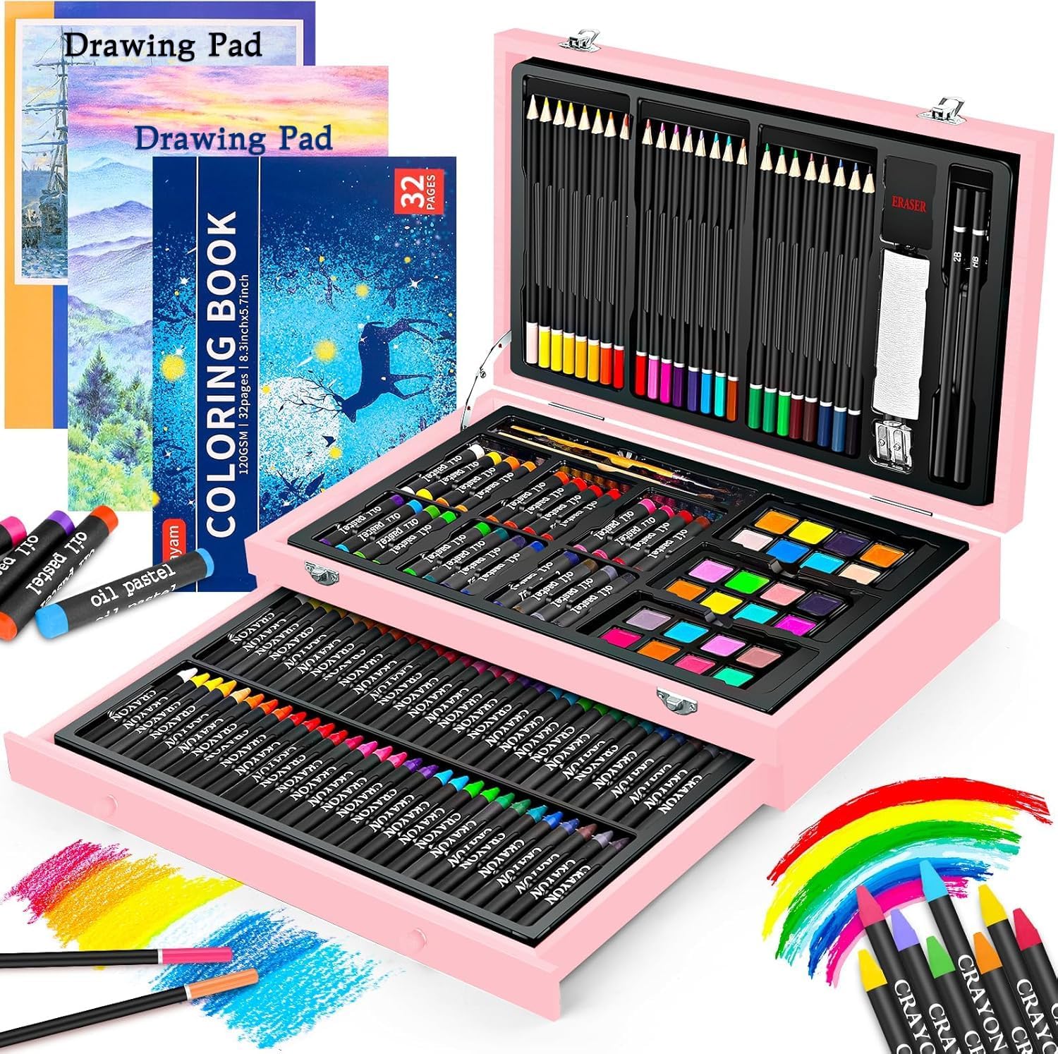 iBayam Arts and Crafts Gifts for Kids 6-14 Year, Teens Girls Christmas Gifts, 150-Pack Art Set Kits with 2 Sketch Pads, Coloring Book, 24 Colored Pencils, 24 Oil Pastels, 24 Watercolor, 60 Crayons