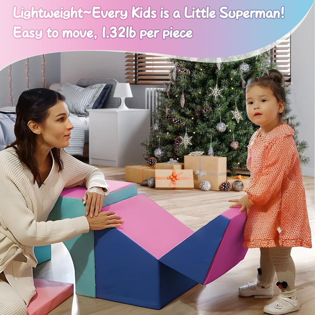 SURPCOS Crawl and Climb Foam Play Set, 6 Pcs Climbing Toys for Toddlers 1-3, Climb and Crawl Activity Playset, Soft Play Equipment Crawling and Sliding (Blue&Pink) 6 peices