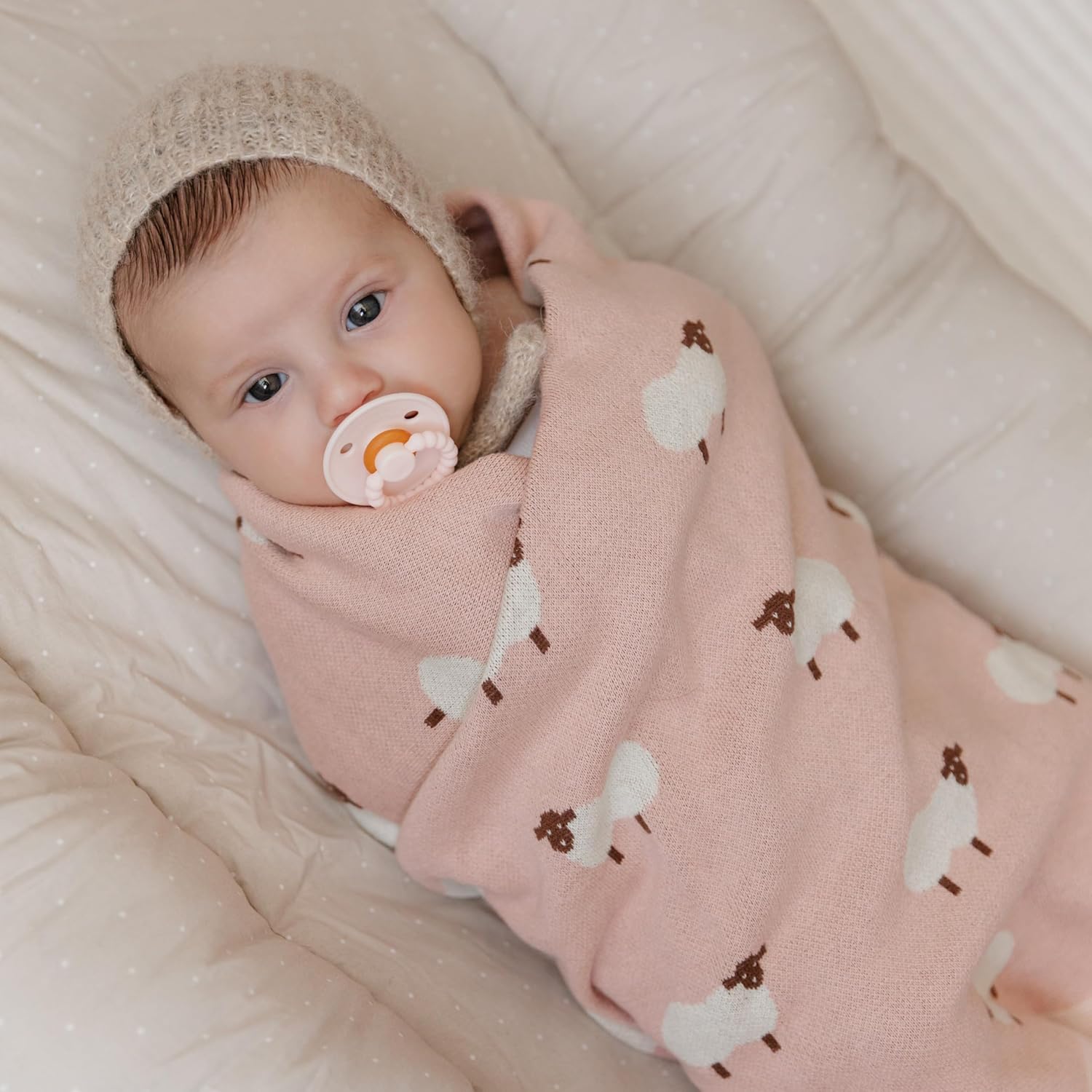Luxury Knit Baby Receiving Blanket - 100% Cotton Soft Cozy Lightweight Receiving Swaddler Crib Stroller Blanket for Shower Gift Registry for Newborns Infants Toddlers (Sheep - Light Pink)