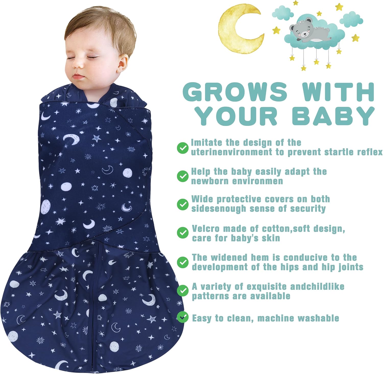 Newborn Sleep Sack Baby Swaddle,Swaddle me 6-12 Month,3-Way Adjustable Wearable Blanket,100% Rayon Cotton Swaddling Sleeping Bag，TOG 0.5 (Starry Sky, 6-12 Months)