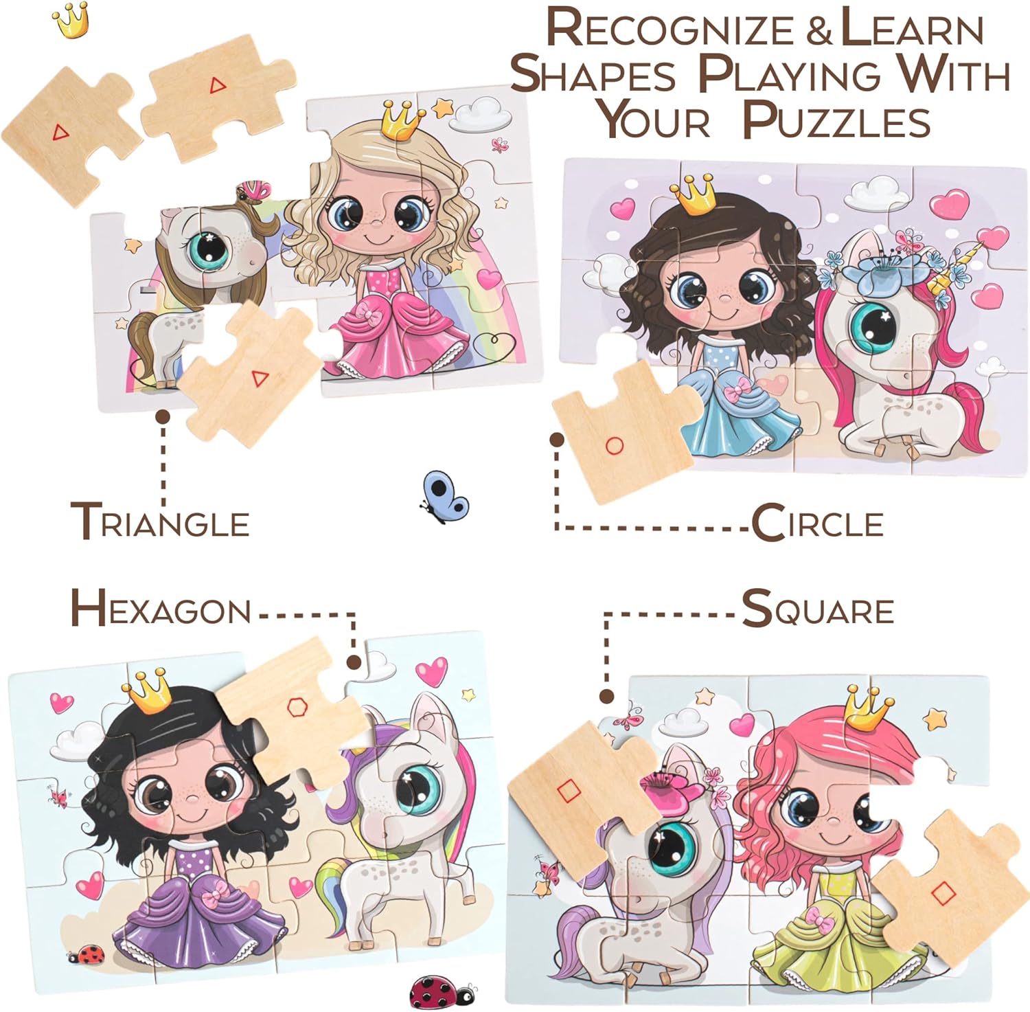 4-in-1 Princess Jigsaw Puzzles for Kids, Wood Puzzles for Kids Ages 3-5 48 Piece Wooden Puzzles for Toddlers 3-5, Wooden Puzzles for Toddlers, Essential Skills Gift for Girls Princesses