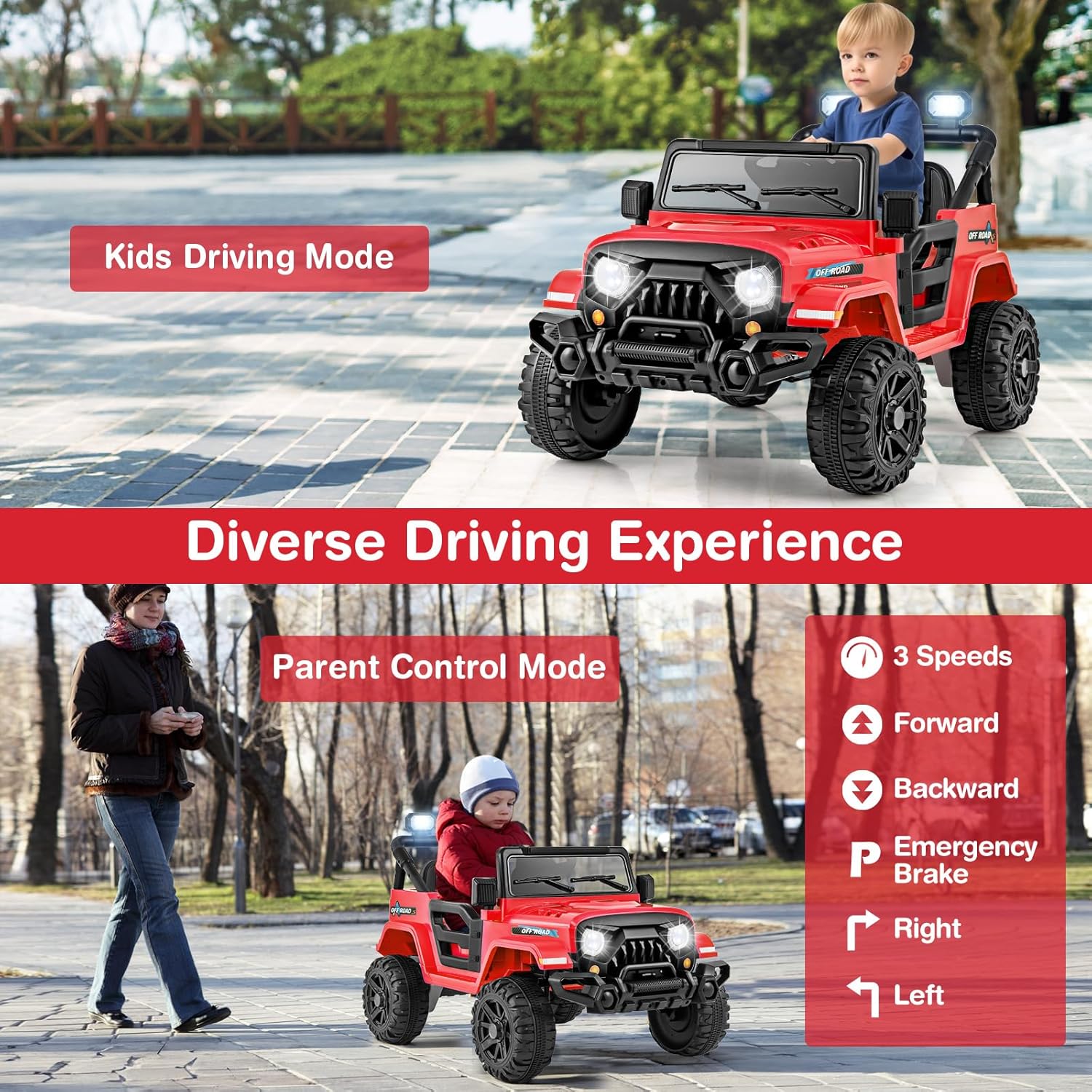 Costzon 12V Kids Ride on Truck Car, Electric Vehicle w/Remote Control, Threaded Wheels, 3 Speeds, LED Lights, Music, Horn & Wireless Connection, Battery Powered Ride on Toy for Boys & Girls 3+ (Red)