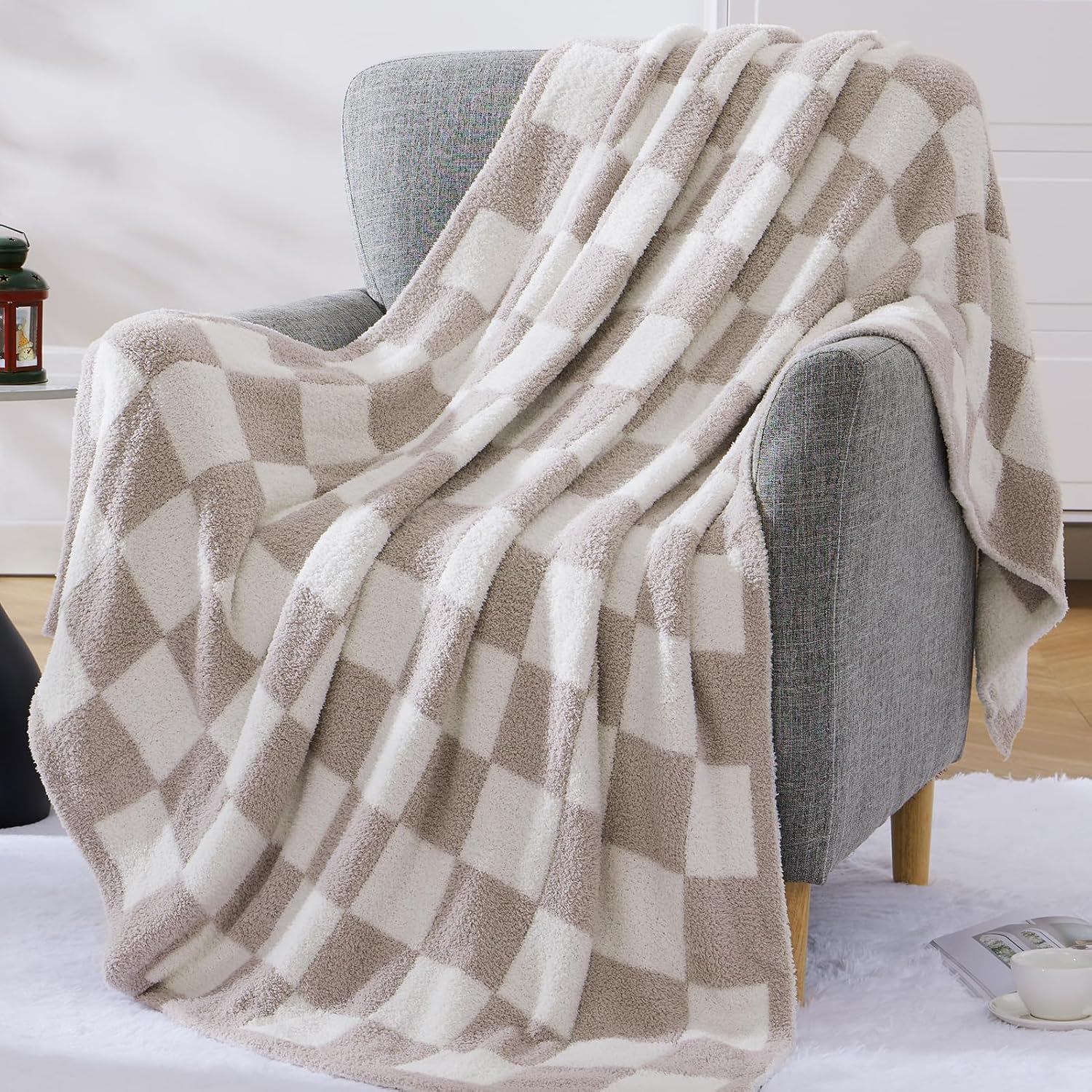 WRENSONGE Checkered Throw Blanket, Taupe Soft Cozy Fluffy Warm Hand Made Throw Blankets for Couch, Sofa, Chair, Bed, Camping, Picnic, Travel Lightweight Bed Blanket - 60"*80"