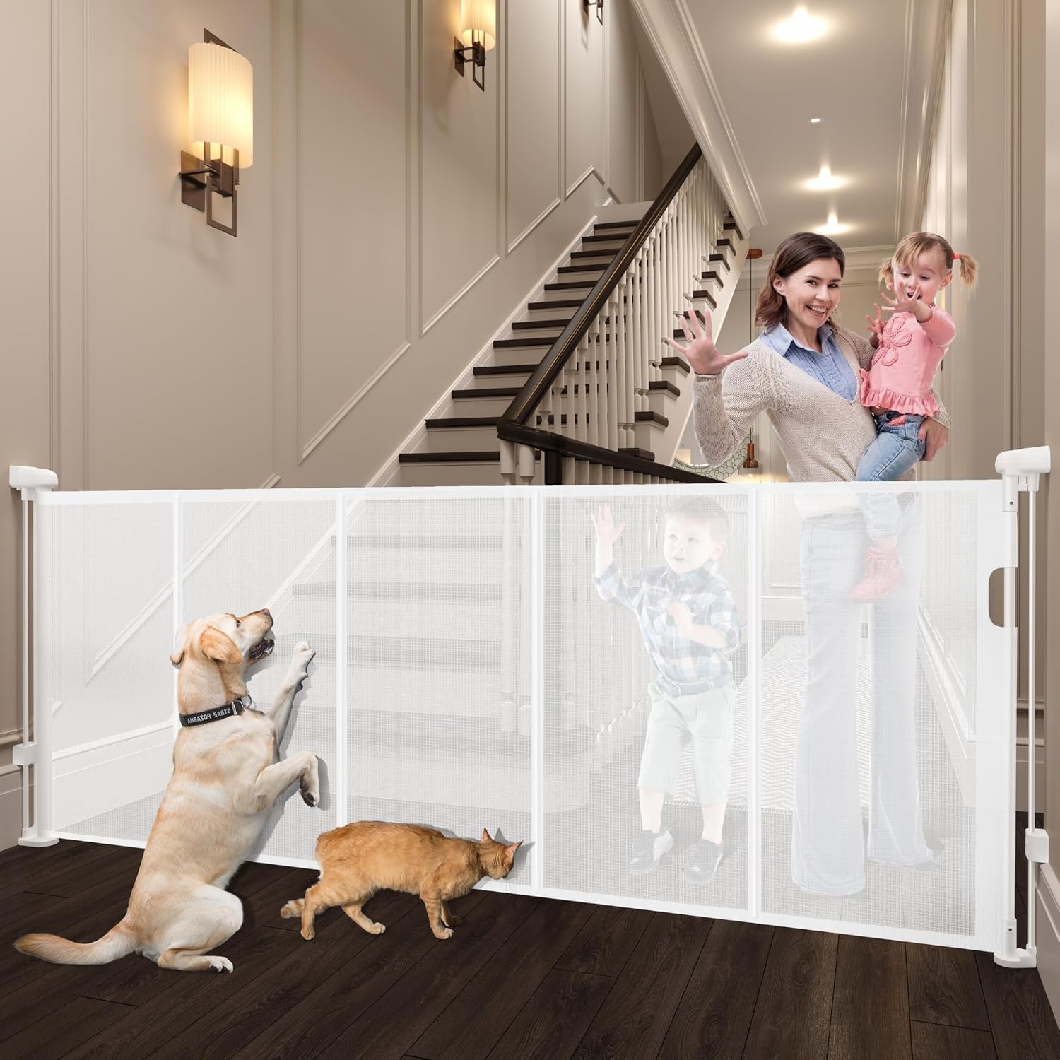 Retractable Baby Gates Dog Gate for Stairs, 100" Wide Retractable Gate Mesh Pet Gate, 41" Extra Tall Child Safety Gate with Fiberglass Rods for Stairways, Doorways, Hallways, Indoor/Outdoor