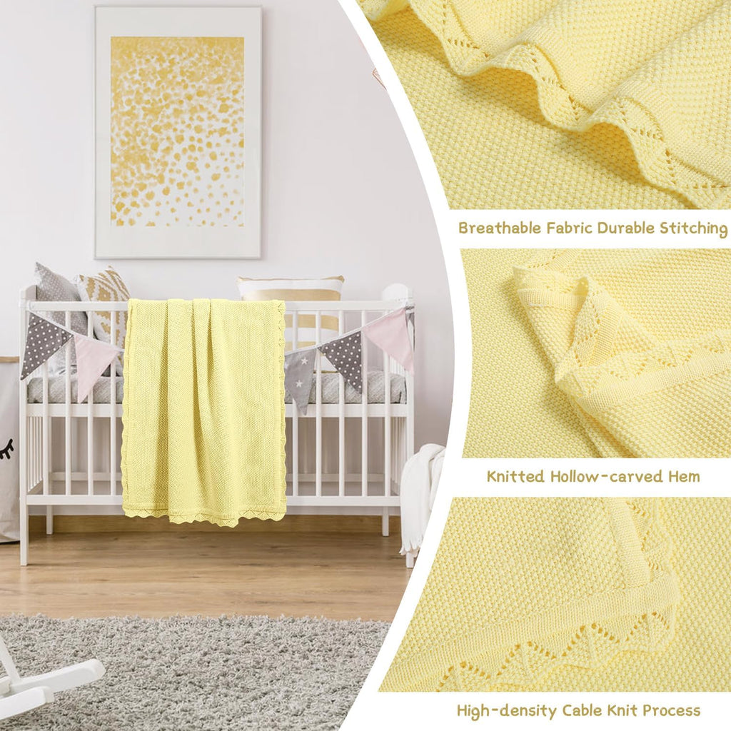 100% Cotton Baby Blanket Knit Soft Warm Lace Toddler Newborn Nursery Blanket, 30 x 40 Inches, Lemon Yellow