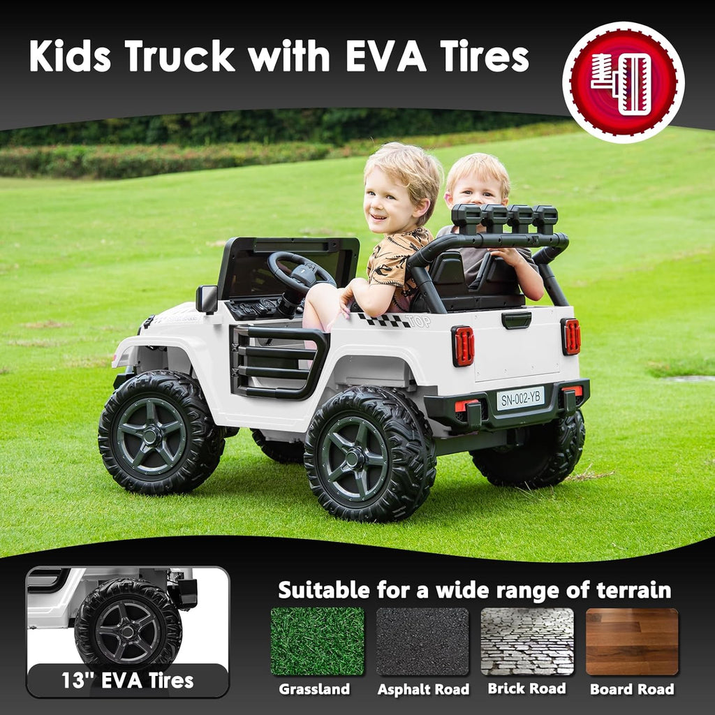 24V 2 Seater Ride On Truck with Remote Control 4WD Electric Car for Kids Ride On Car Battery Powered Ride On Toy Car with Music Player, LED Lights, Bluetooth, Rear Shock Absorber, White