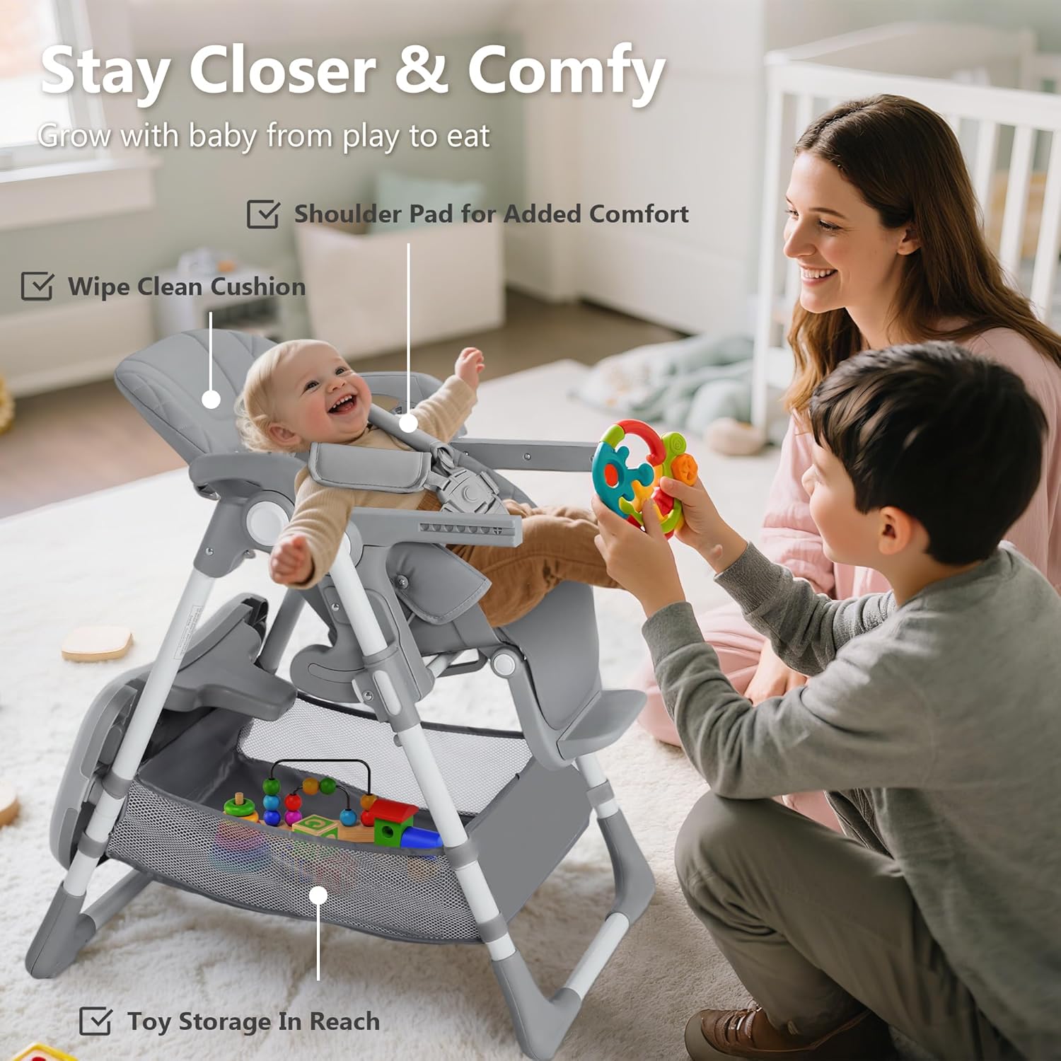 Kinder King Convertible Baby High Chair, Adjustable Feeding Chair for Babies and Toddlers with Removable Double Tray, Simple Compact Fold for Space-Saving, 2 Built-in Wheels, Easy to Clean, Gray