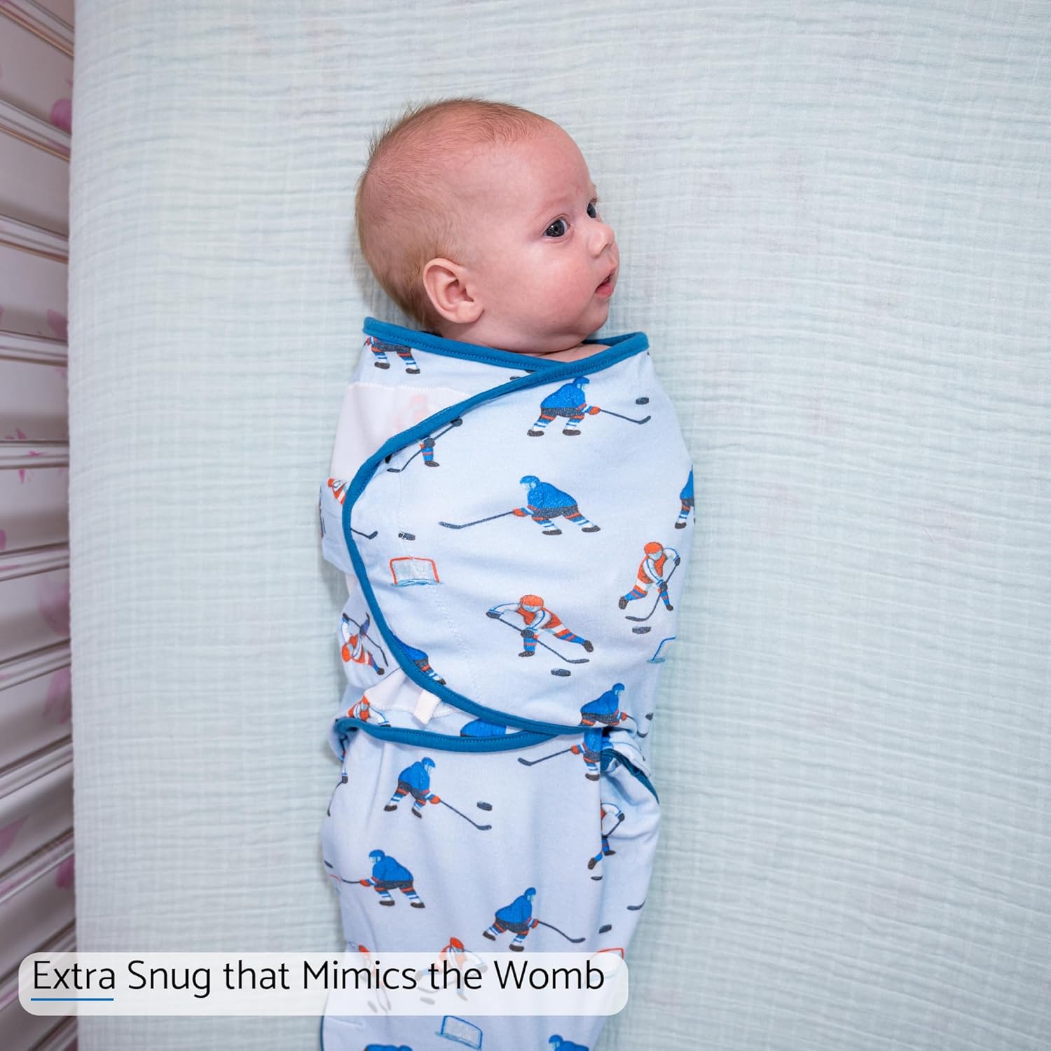 LollyBanks Baby Swaddle, 100% Organic Cotton Newborn Boy Swaddle Sack 0-3 Months, Newborn Baby Swaddle Blanket Wrap with Easy Change Zipper, Baby Registry Must Haves (Ice Hockey)