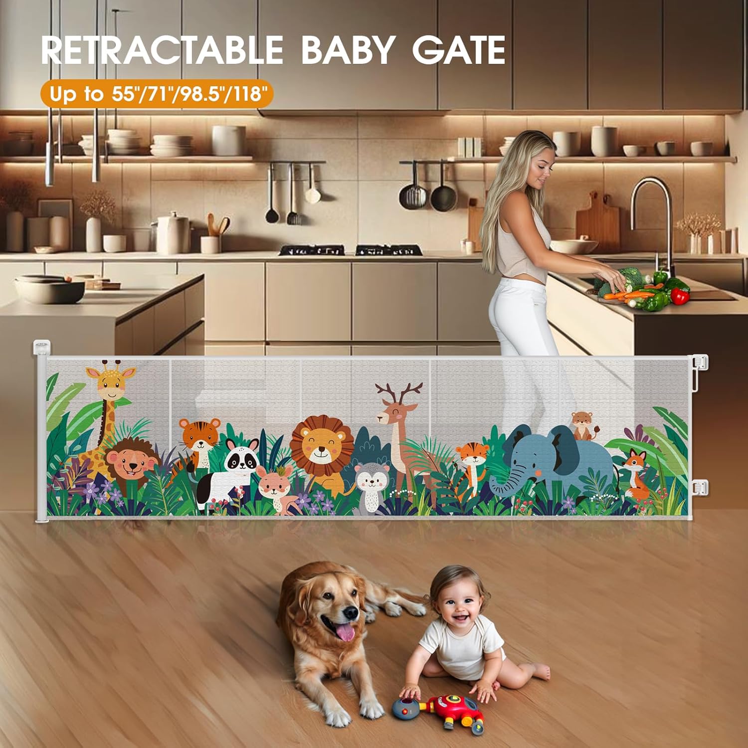 HOMEAL Retractable Baby Gate, Large Opening Retractable Mesh Gates for Baby and Pet, Extra Wide Indoor Outdoor Baby Gate for Stairs, Doorways, Hallways(Zoo,Width Up to 71")