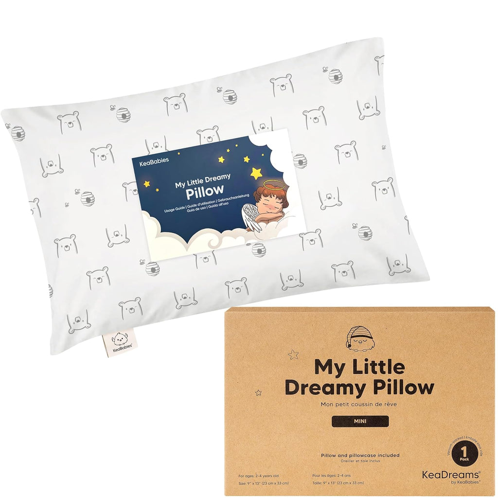 Mini Toddler Pillow with Pillowcase - 9x13 My Little Dreamy Travel Kids Pillow for Sleeping, Toddler Bed, Small, Tiny, Organic Cotton Pillowcase, Soft & Breathable, Kids 2-4 Years Old(Bumble Bear)