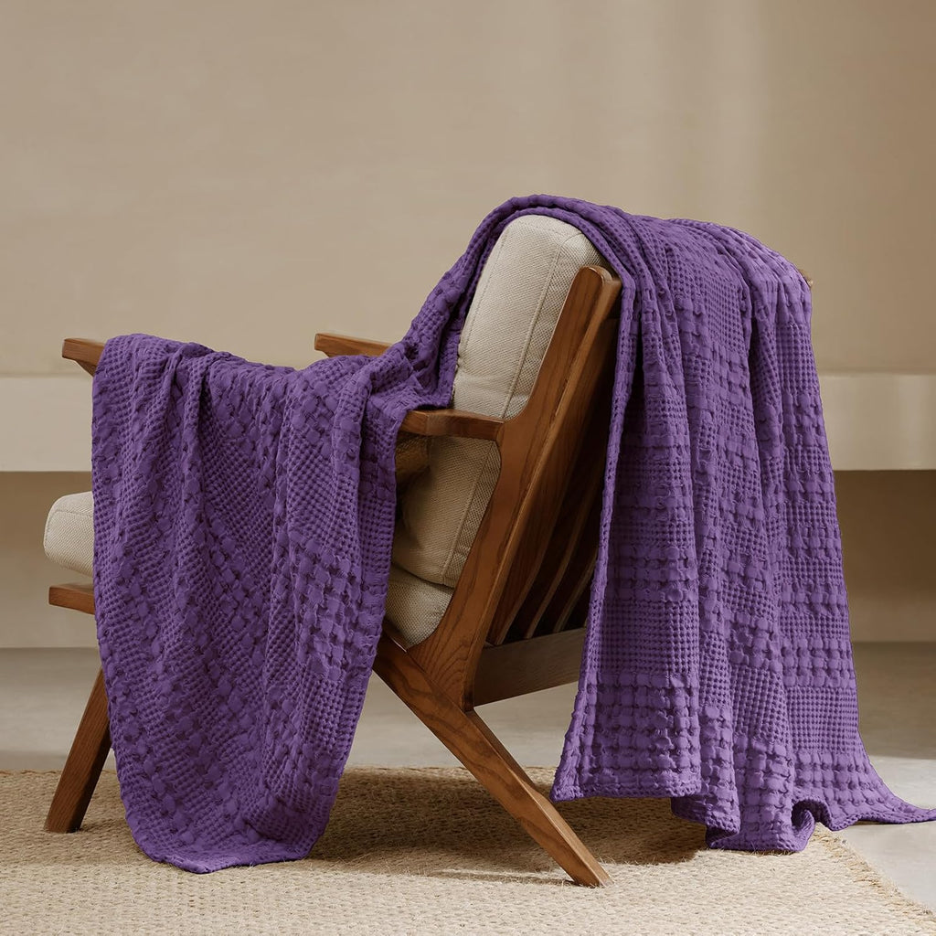 PHF 100% Cotton Waffle Weave Throw Blanket, Soft Lightweight Breathable Cozy Summer Throws for Couch Bed Sofa, Luxury Aesthetic Woven Blanket for Home Decor & Office, 50"x60", Grape