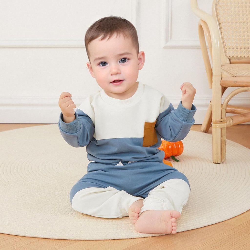 Kupretty Toddler Baby Boy Fall Winter Clothes Color Block Long Sleeve Sweatshirt Pullover Tops + Joggers Pants Outfit Set