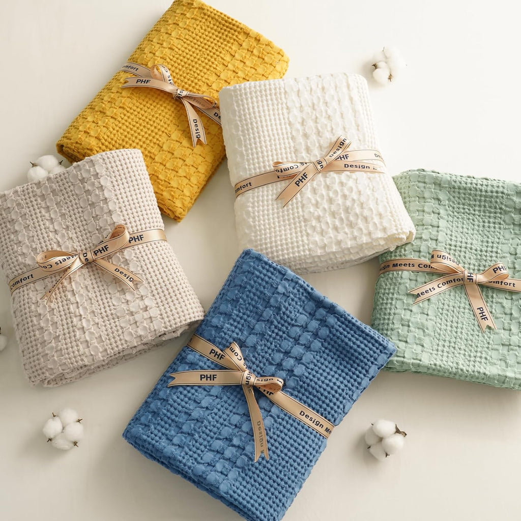 PHF 100% Cotton Waffle Weave Blanket Twin Size, Soft Lightweight Breathable Cozy Summer Blankets for Bed, Luxury Aesthetic Woven Bedding for Home Decor, 66"x90", Ivory