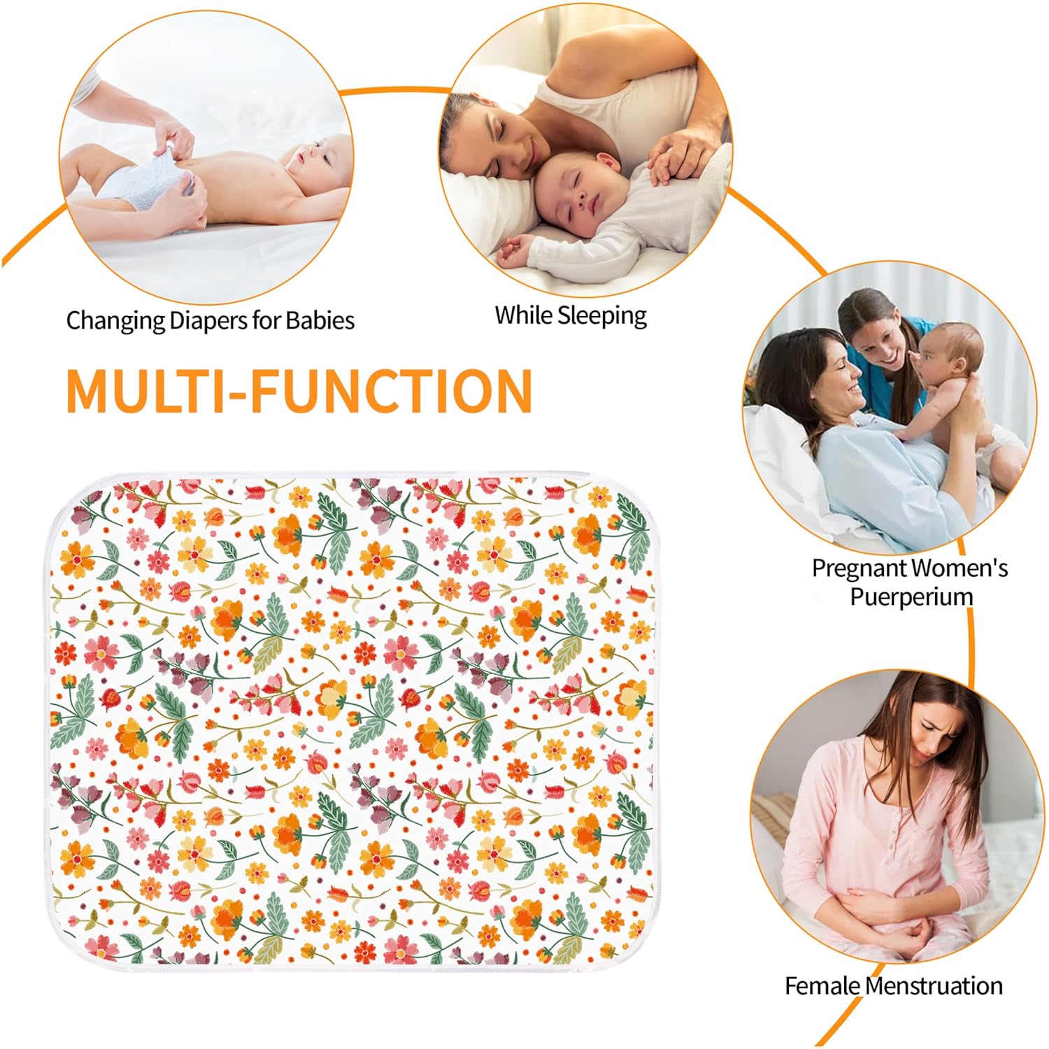 Diaper Changing Pads for Baby, Flower Change Mat, 3Layers Waterproof Change Pad Foldable Absorbent Mats for Women, Reusable Incontinence Underpads for Patient 24''x30''