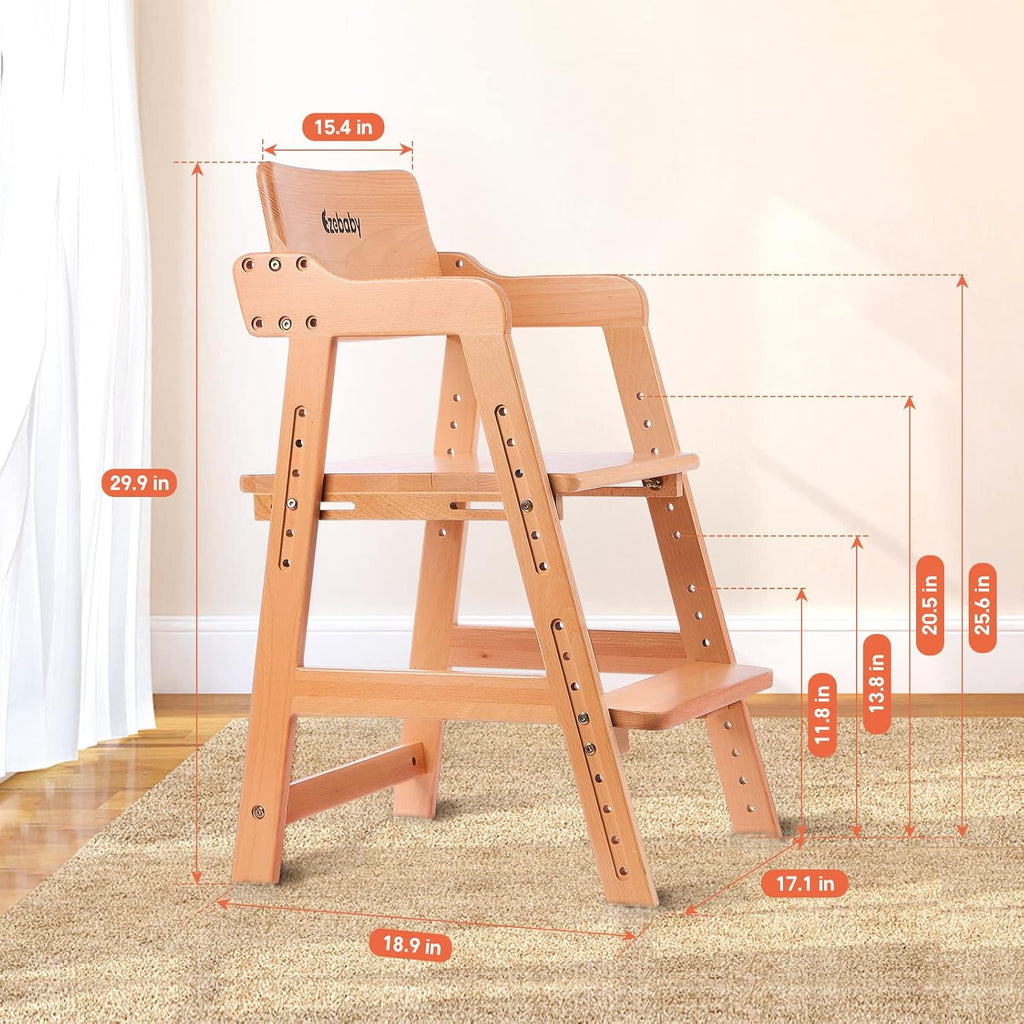 Ezebaby Wooden High Chair, Adjustable Highchair for Toddlers to Teens with Steps, Kids Dining Chair, Study Chair with Removable Cushion (Natural Color)